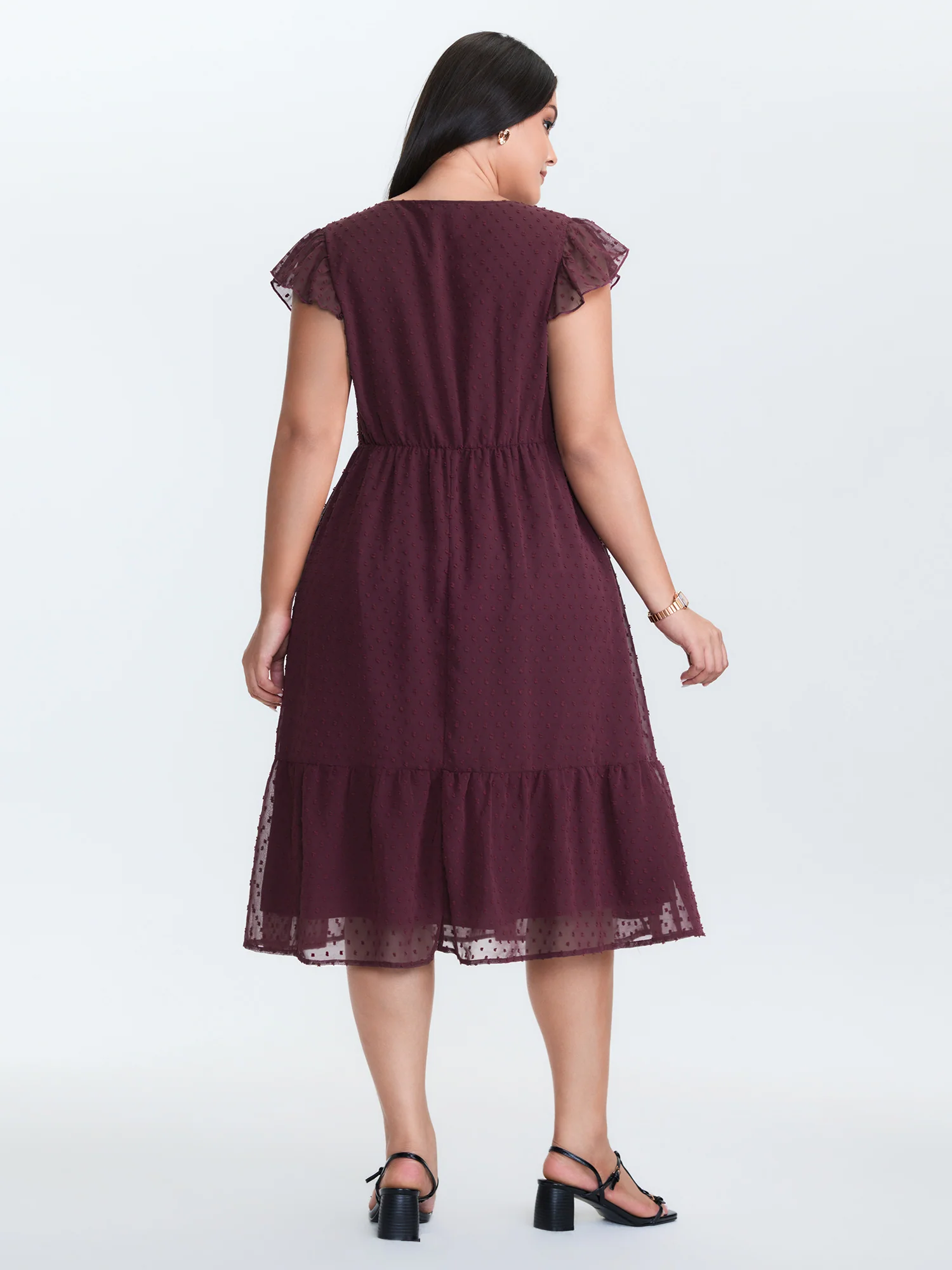Textured Chiffon Flutter Sleeve Midi Dress - Image 4