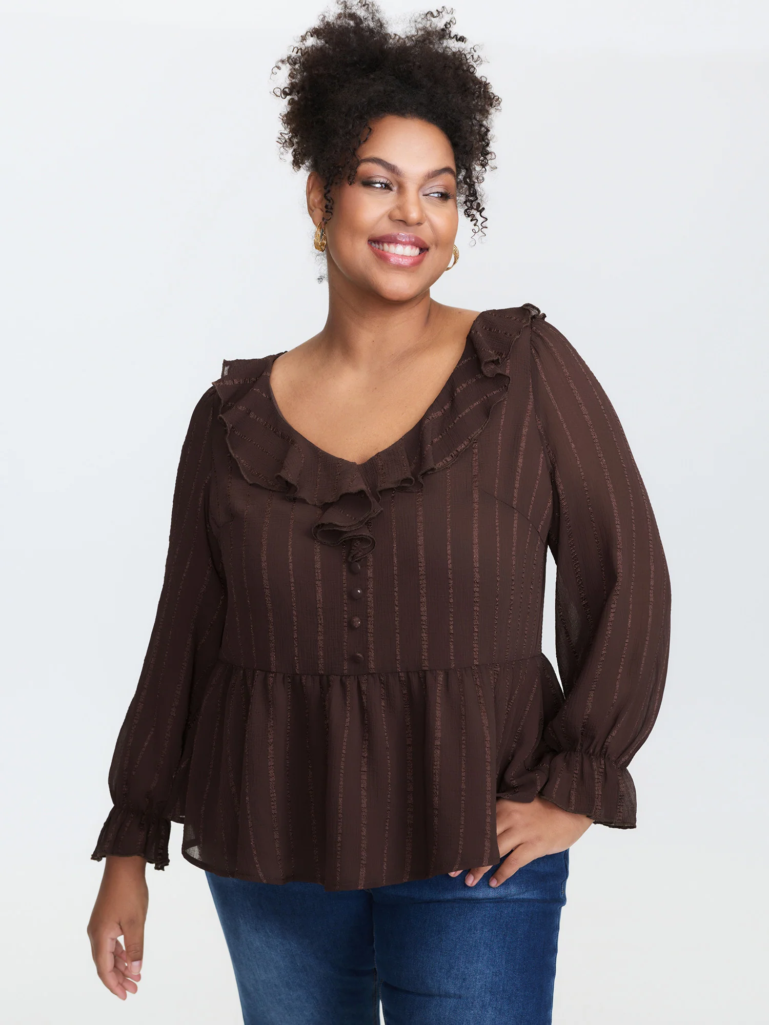Textured Chiffon Ruffled Neckline Blouse