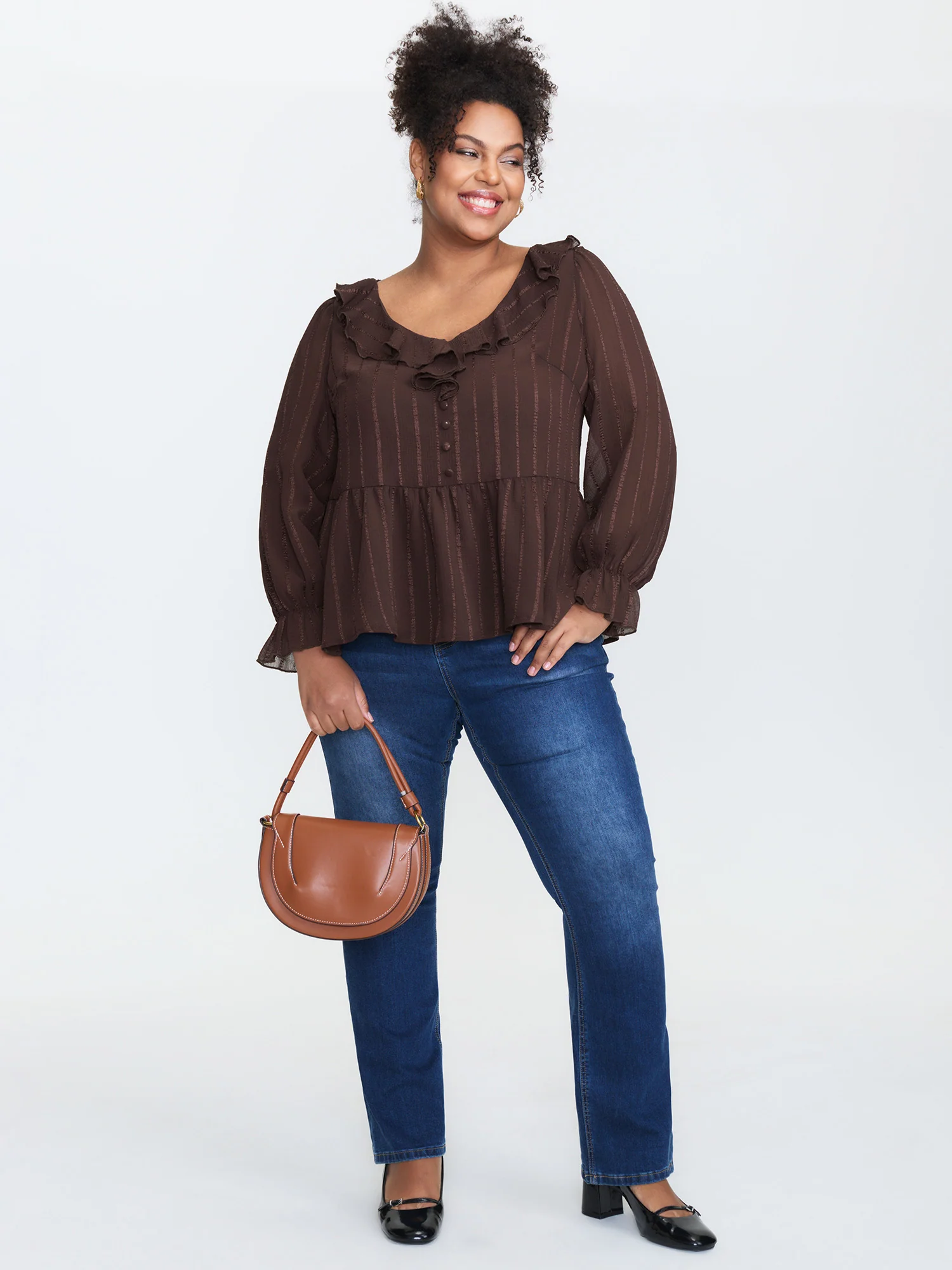 Textured Chiffon Ruffled Neckline Blouse - Image 2