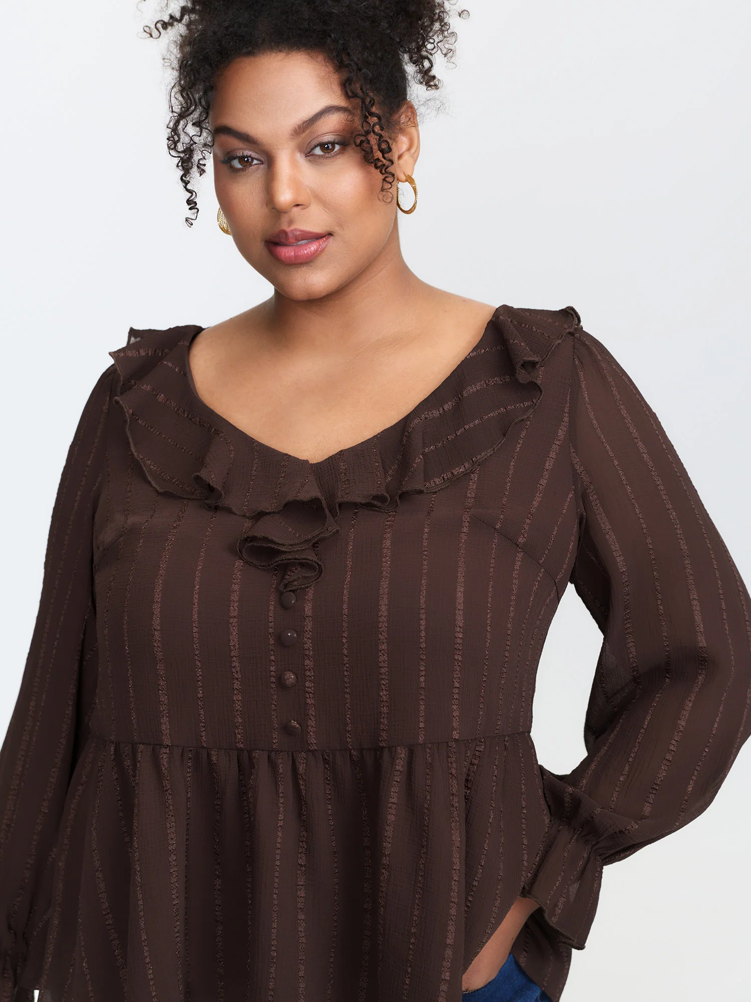 Textured Chiffon Ruffled Neckline Blouse - Image 3