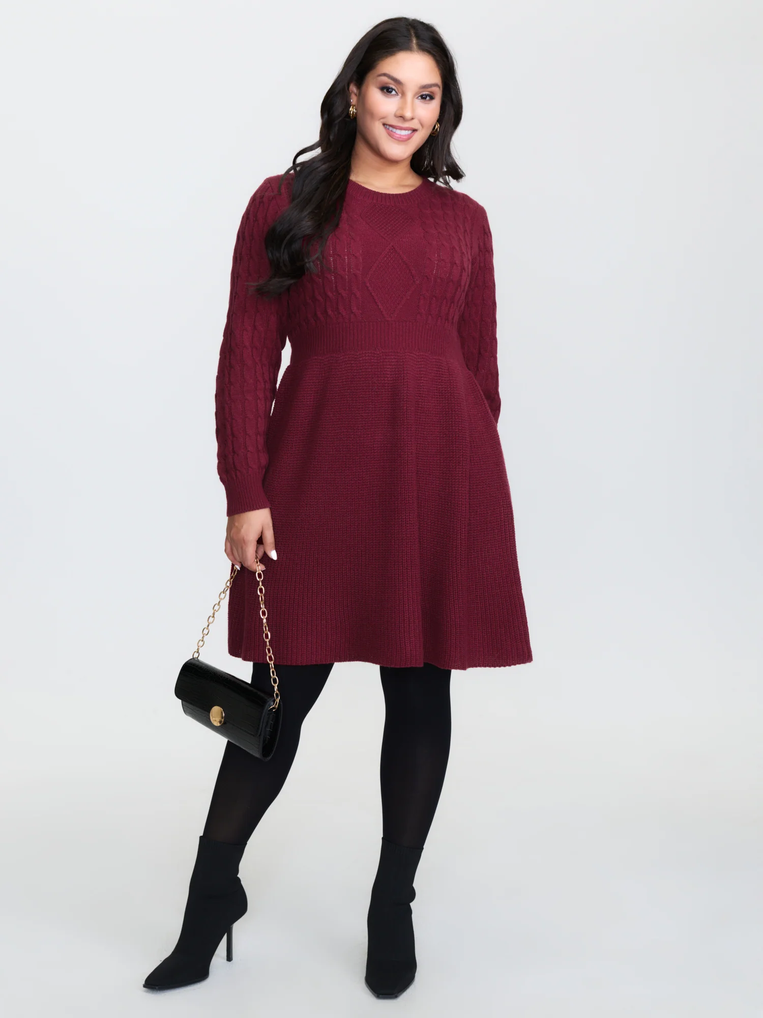 Textured Cinched-Waist A-Line Sweater Dress - Image 3