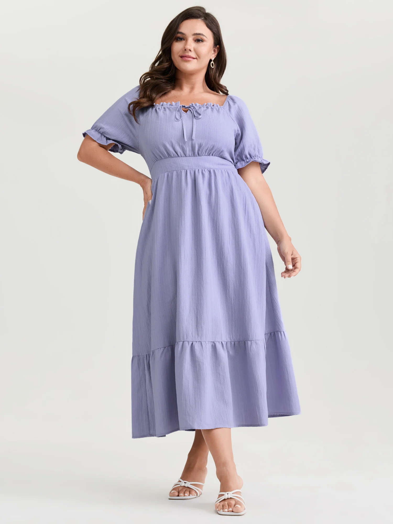 Textured Cinched-Waist Drawstring Flowy Maxi Dress