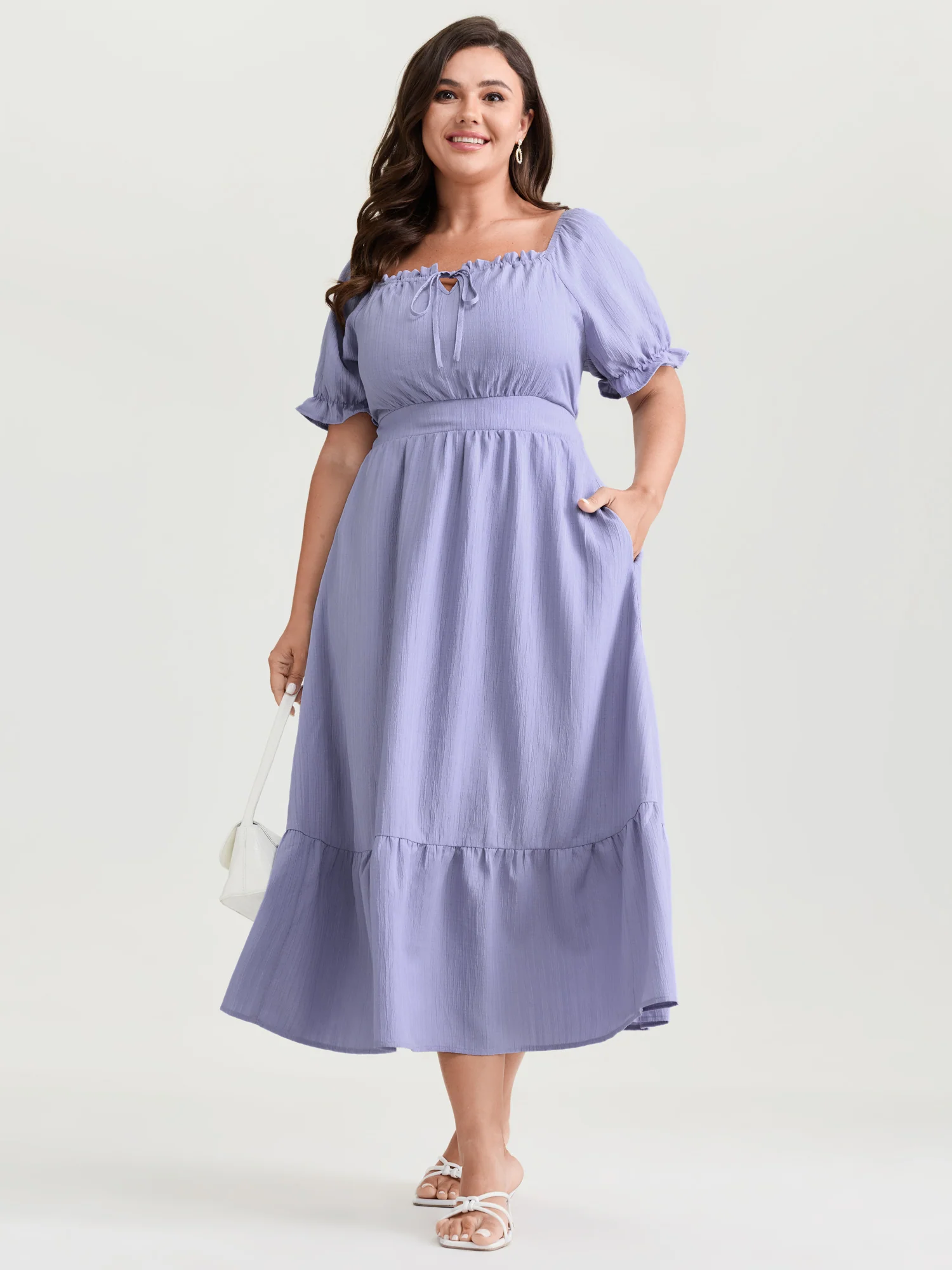 Textured Cinched-Waist Drawstring Flowy Maxi Dress - Image 3