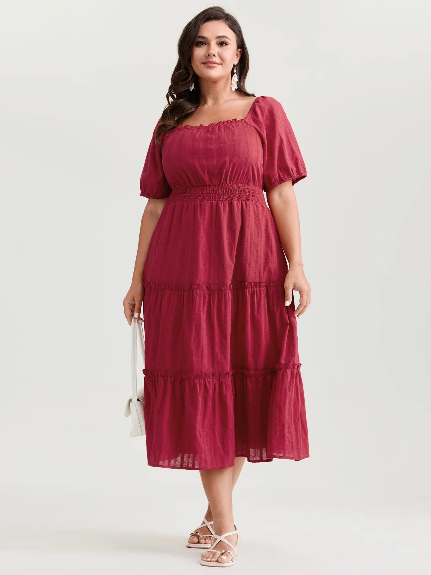 Cotton Textured Cinched-Waist Tiered Midi Dress - Image 3