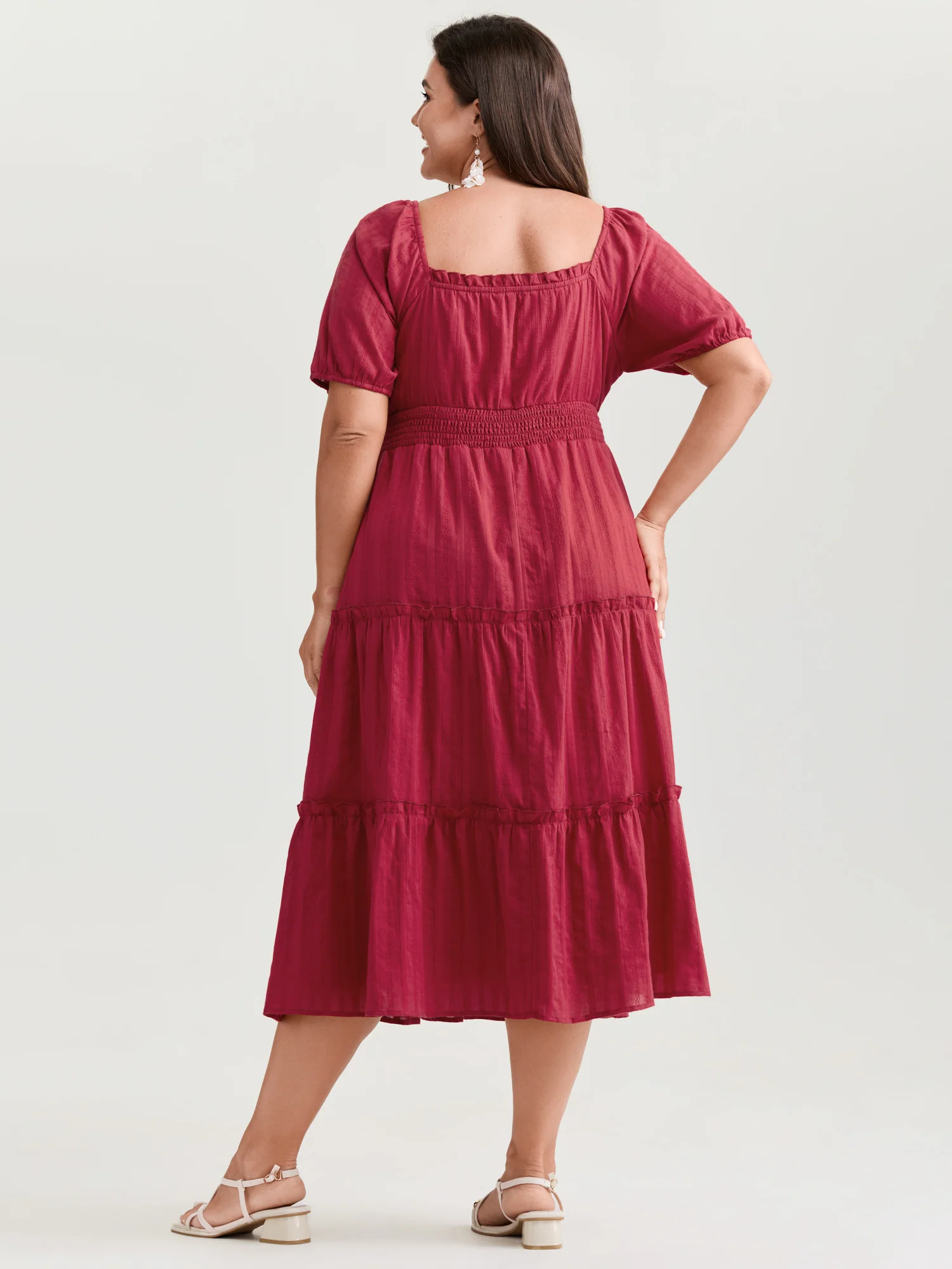 Cotton Textured Cinched-Waist Tiered Midi Dress - Image 4