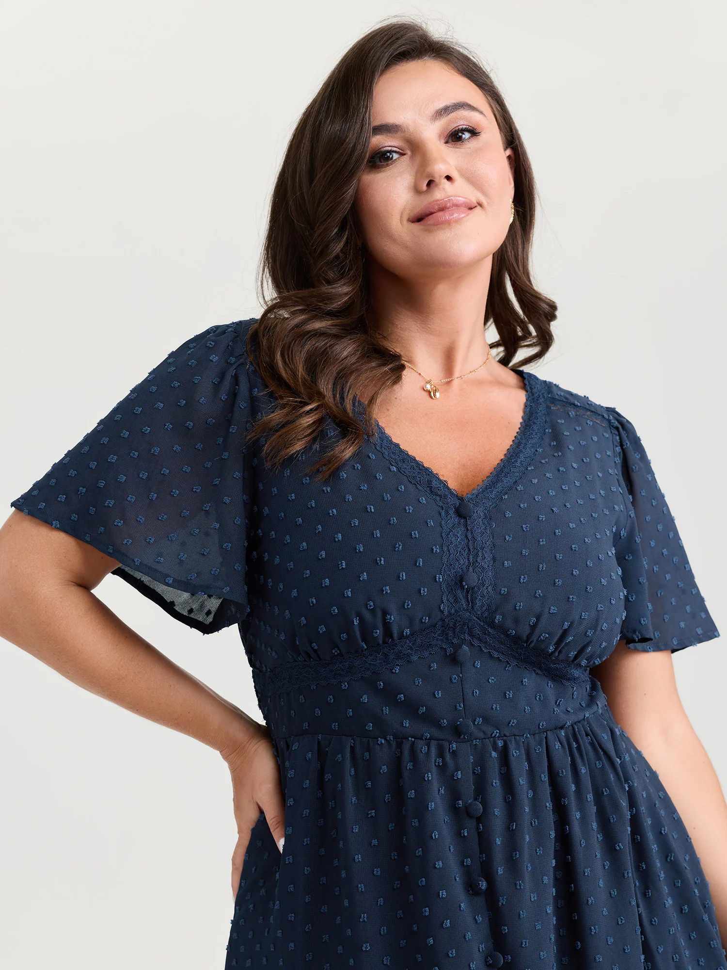 Textured Cinched-Waist V-Neck Midi Dress - Image 2