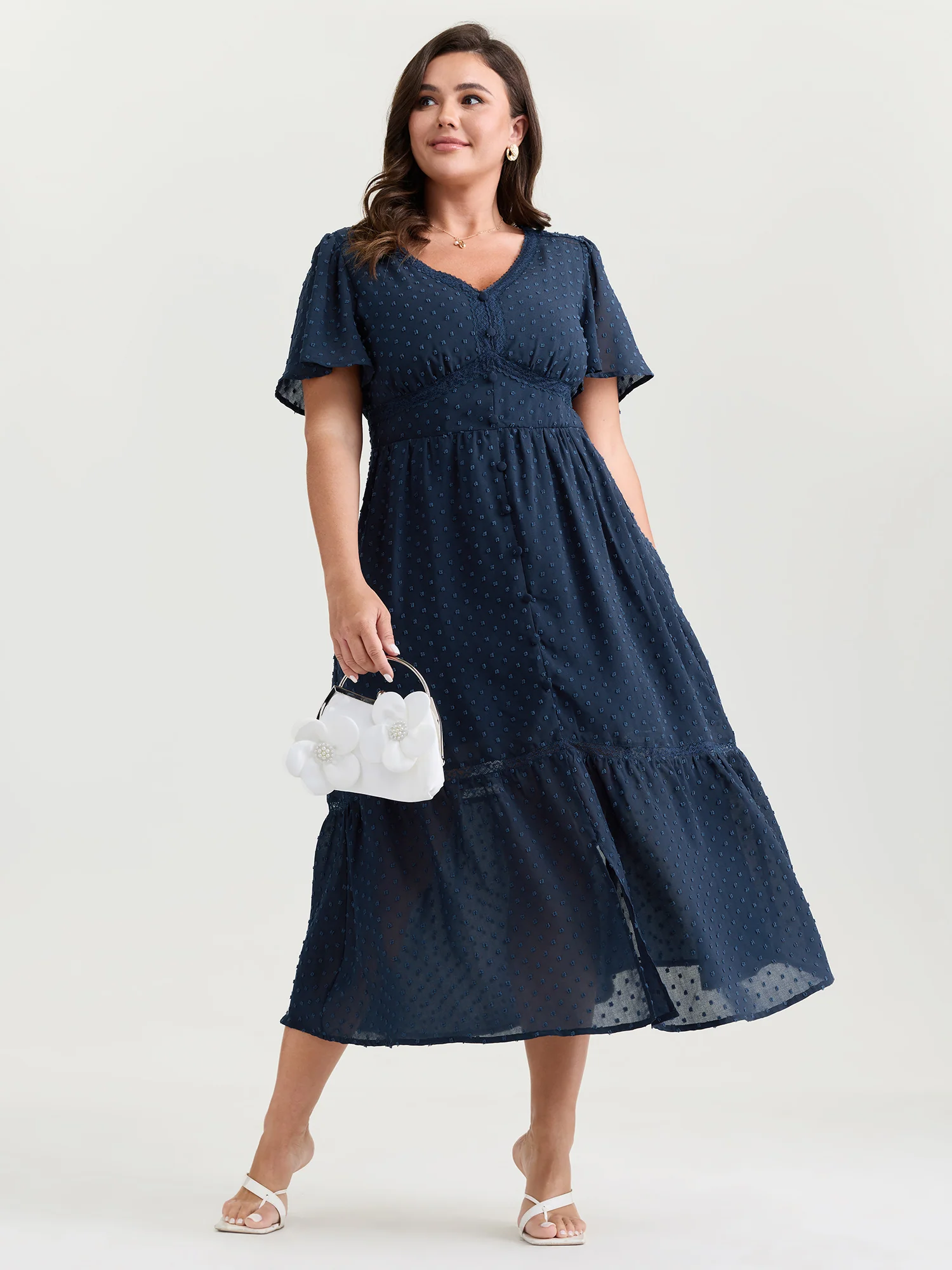 Textured Cinched-Waist V-Neck Midi Dress - Image 3
