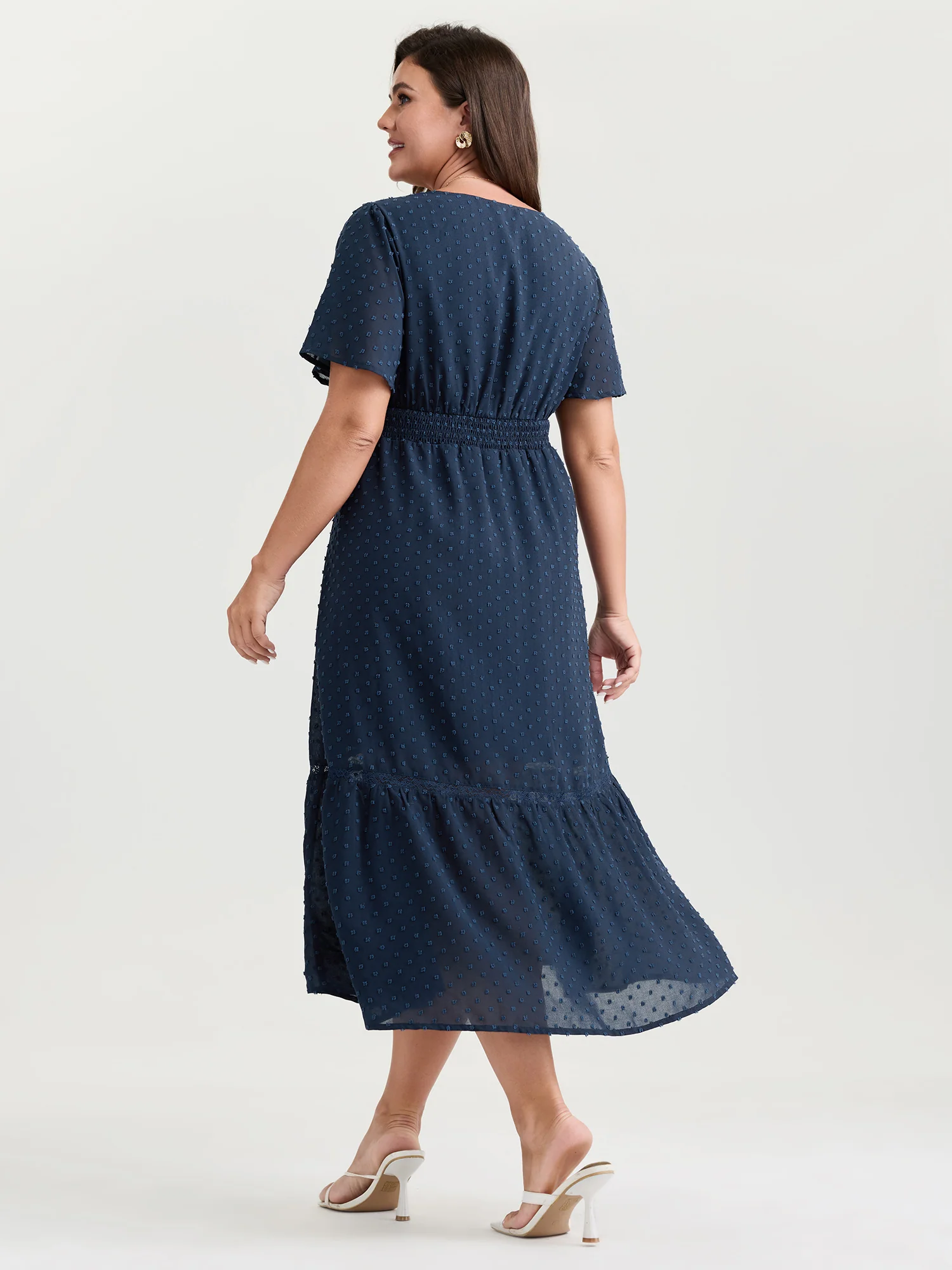 Textured Cinched-Waist V-Neck Midi Dress - Image 4