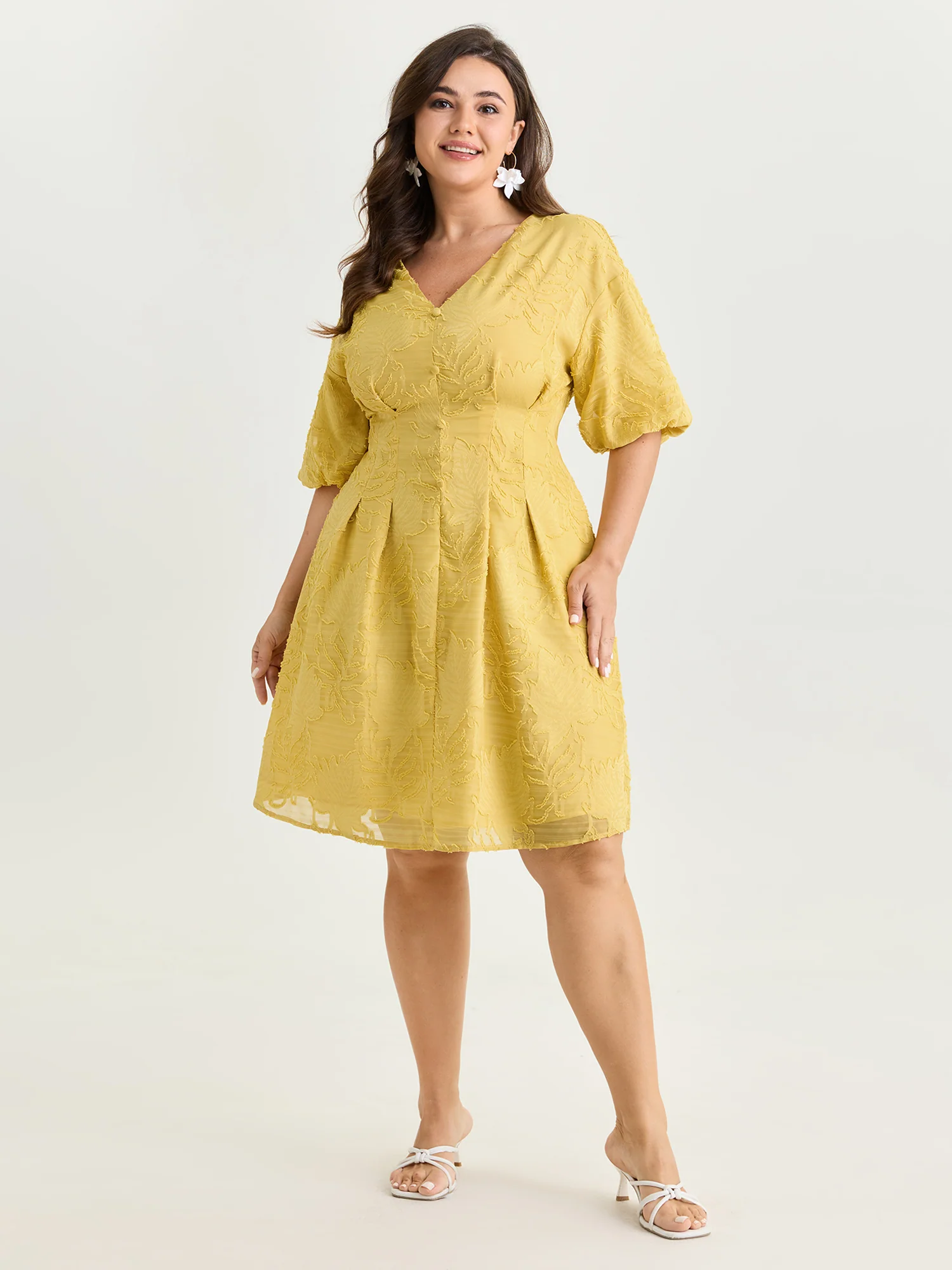 Textured Cinched-Waist V-Neck Mini Dress - Image 3