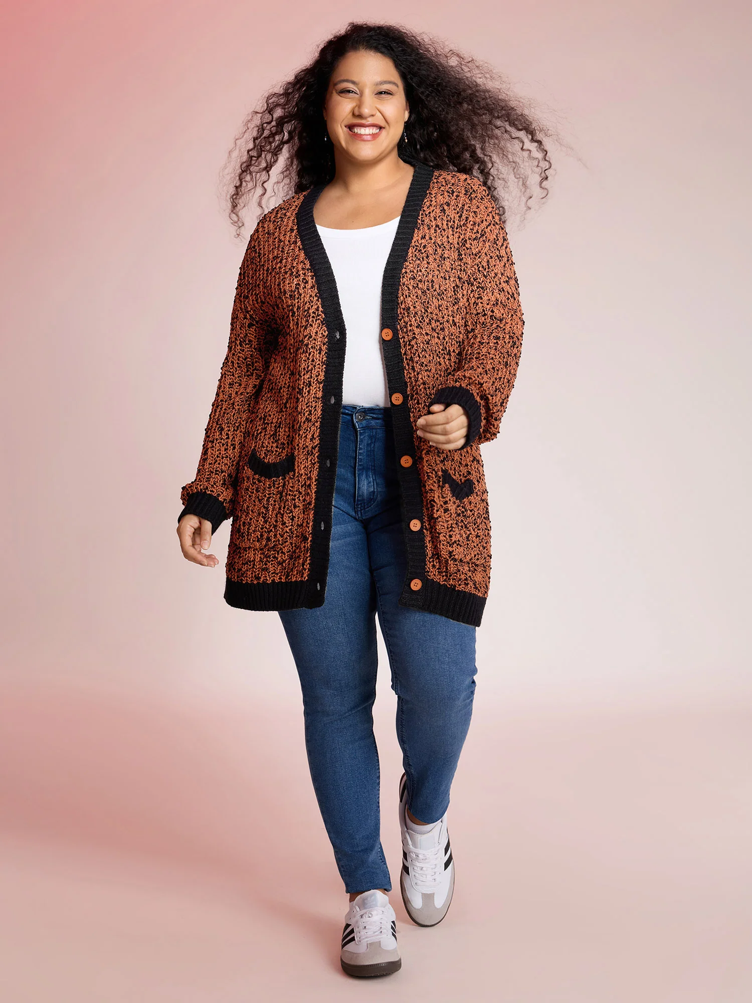 Textured Color Contrast Edges Pockets Cardigan - Image 3