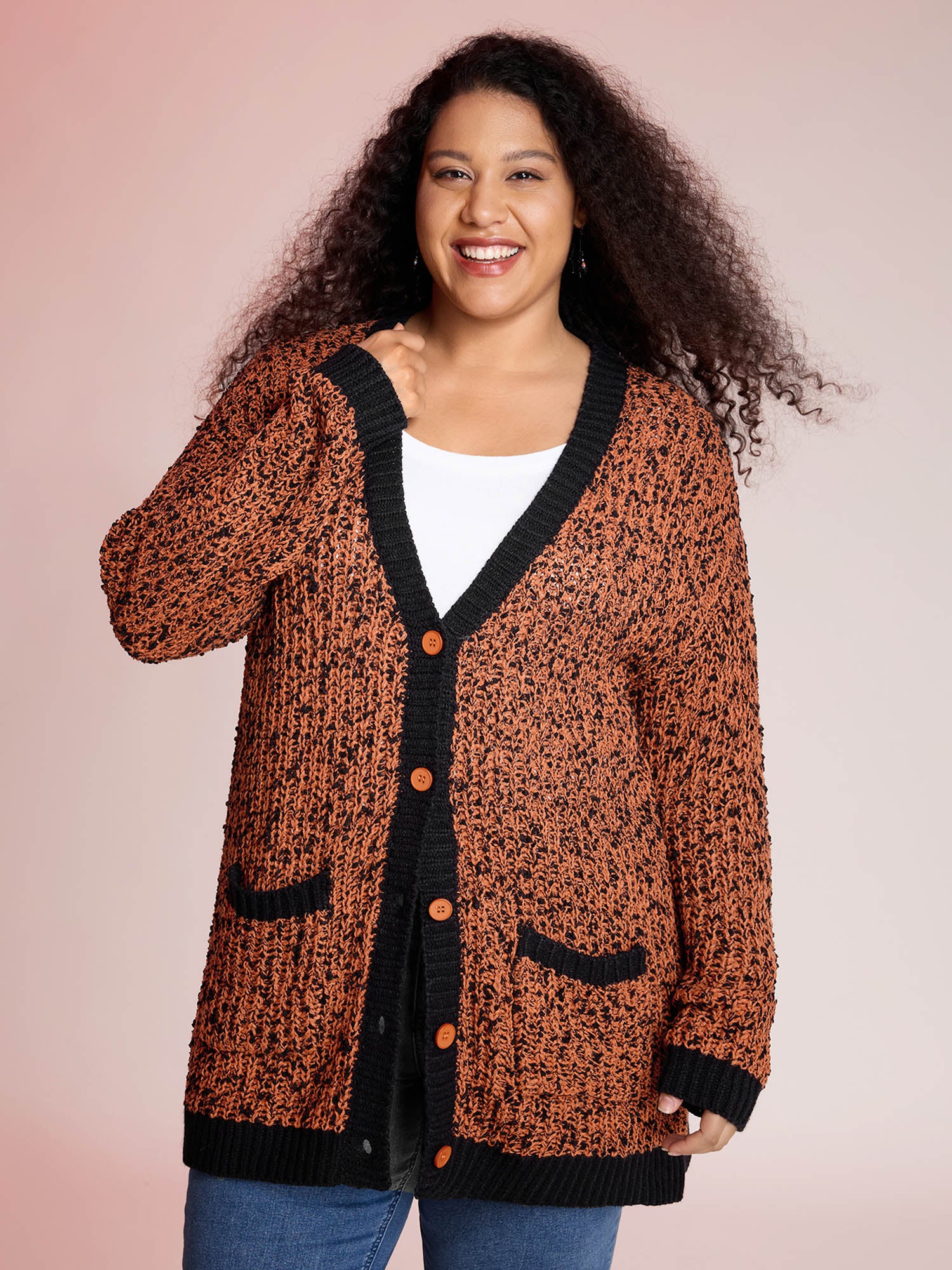 Textured Color Contrast Edges Pockets Cardigan - Image 4