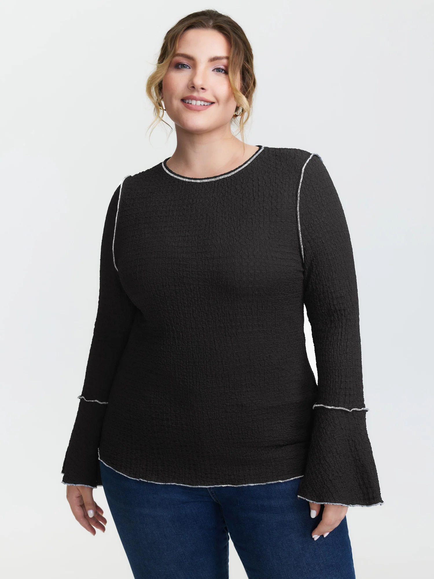 Textured Color Contrast Fitted T-Shirt - Image 2