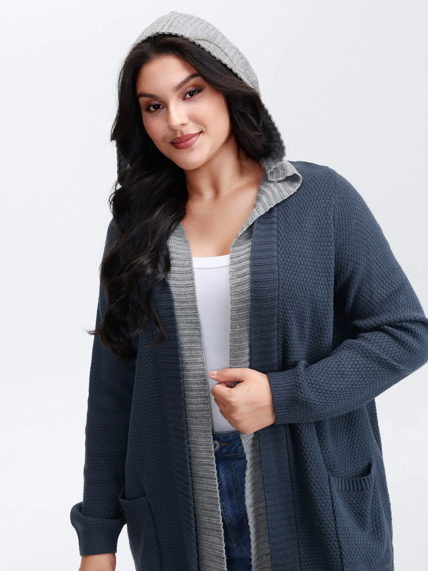 Textured Color Contrast Hooded Pocket Knit Cardigan - Image 2