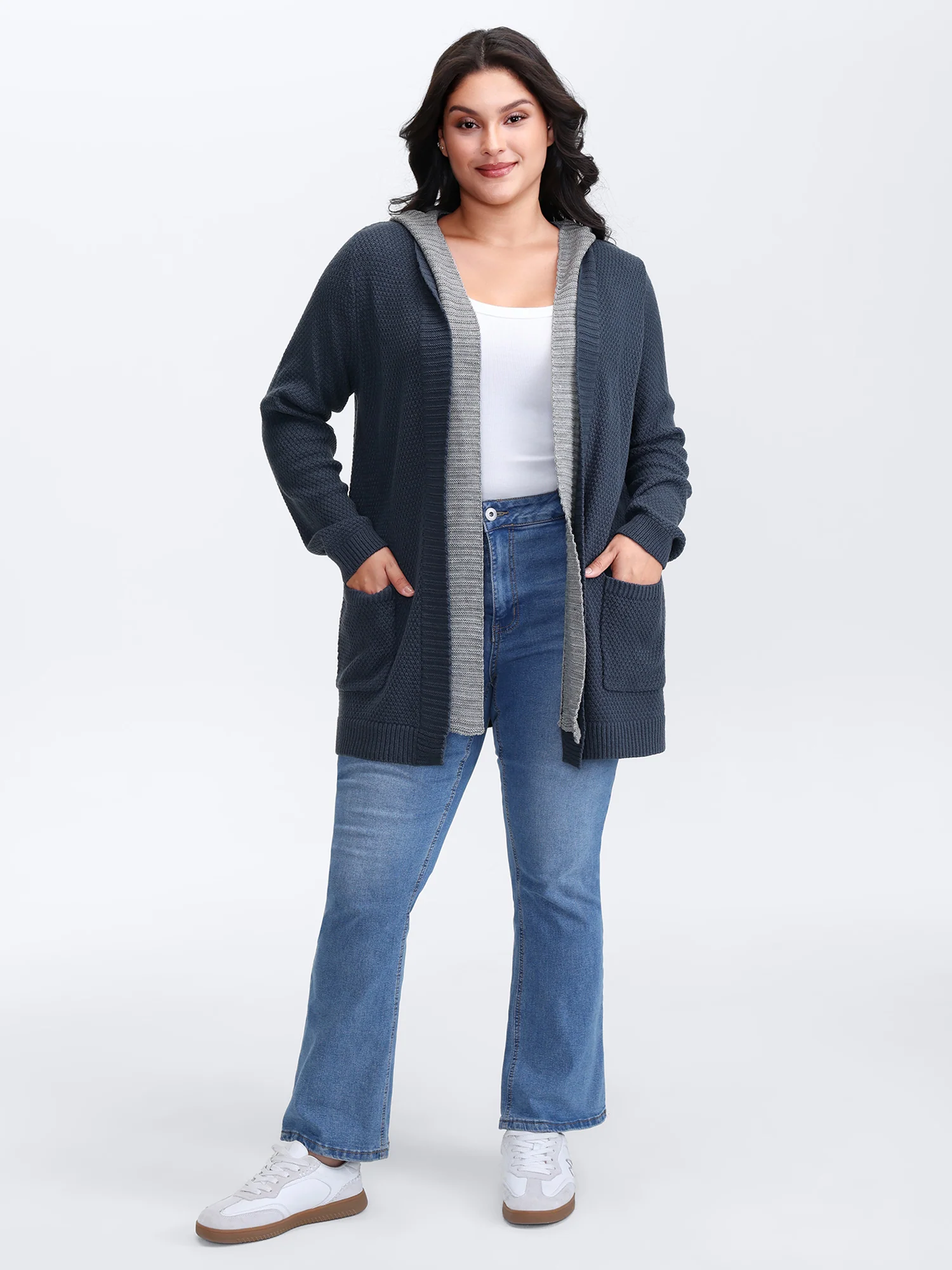 Textured Color Contrast Hooded Pocket Knit Cardigan - Image 3