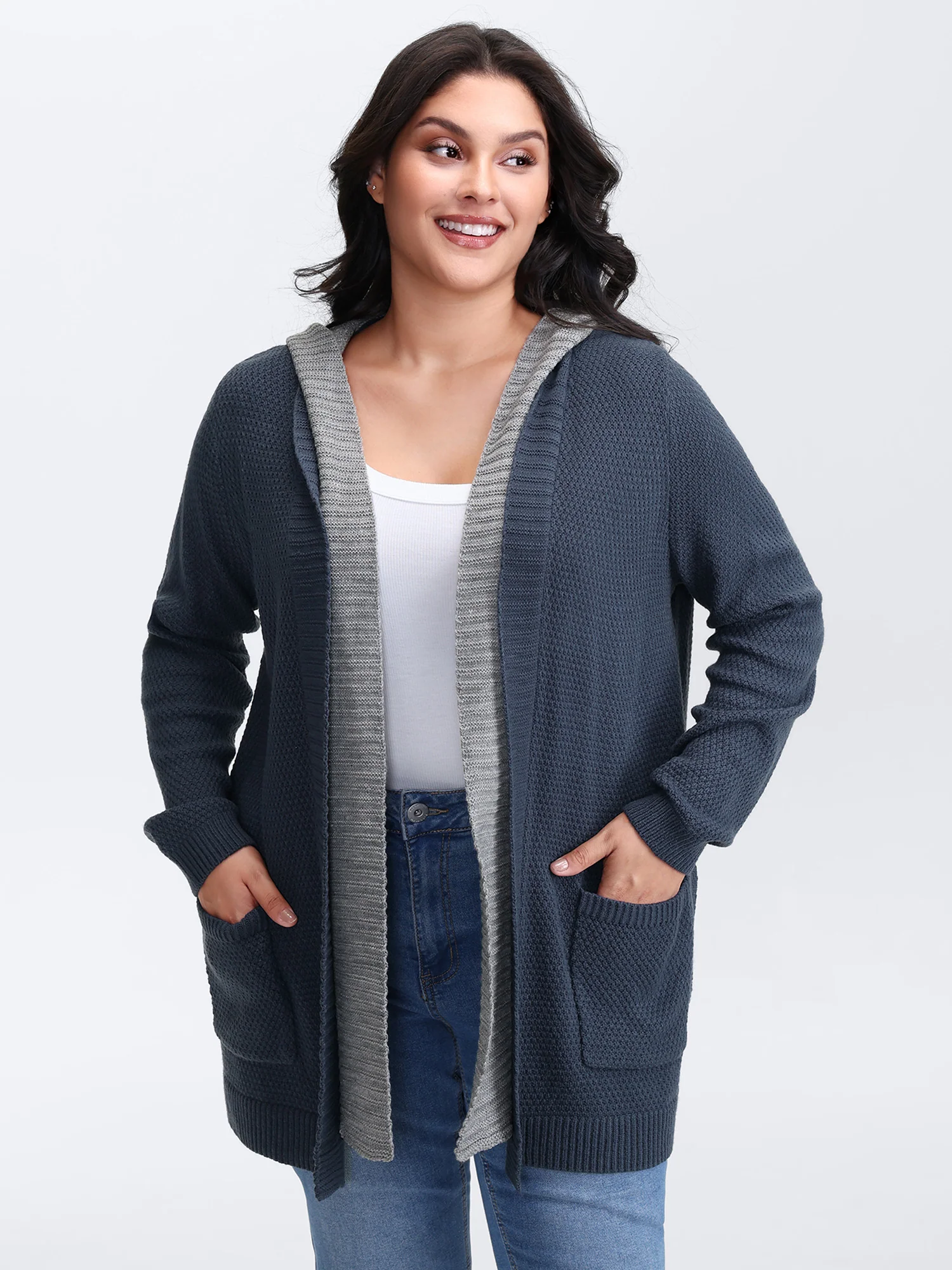 Textured Color Contrast Hooded Pocket Knit Cardigan - Image 4