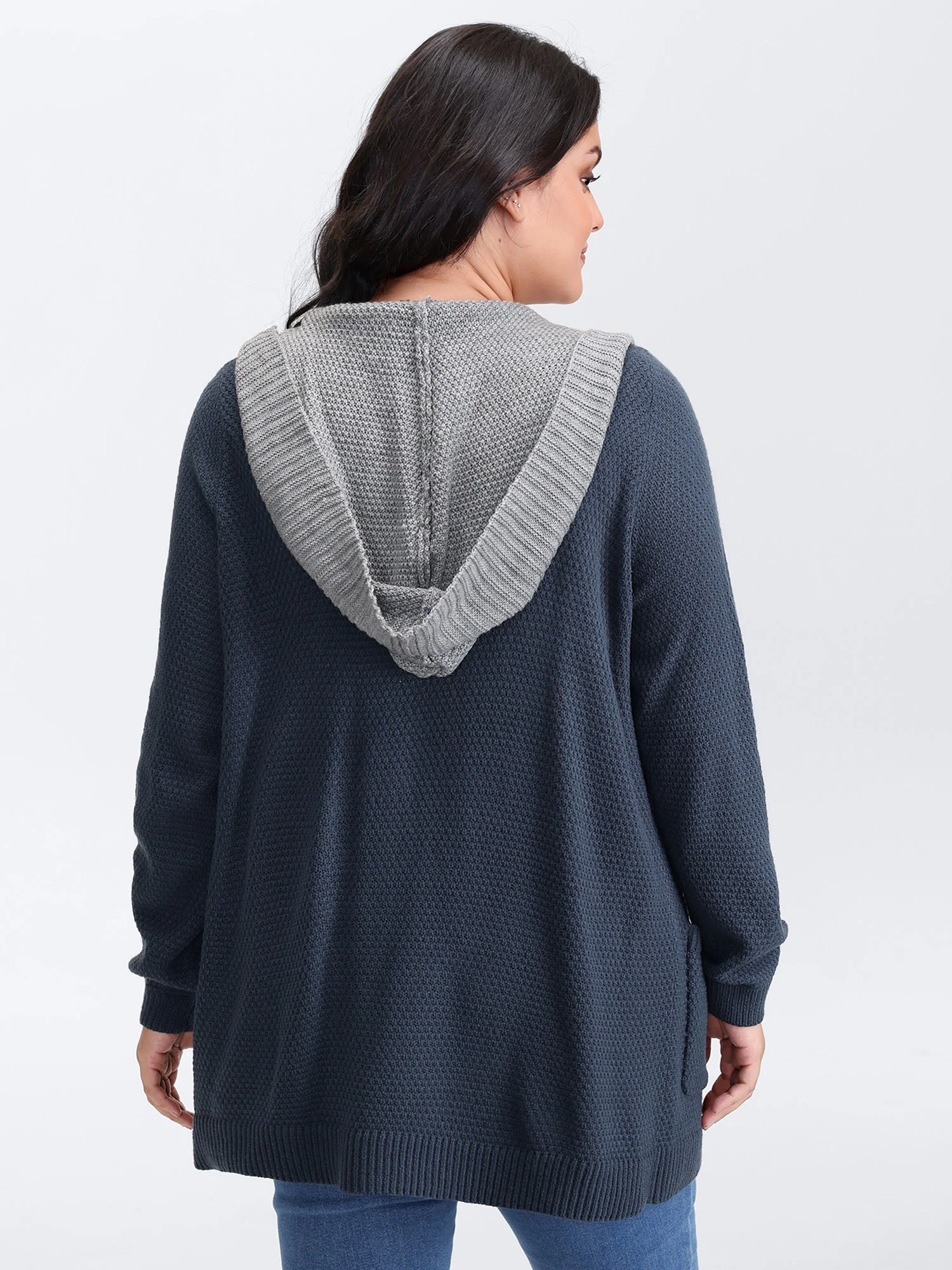 Textured Color Contrast Hooded Pocket Knit Cardigan - Image 5