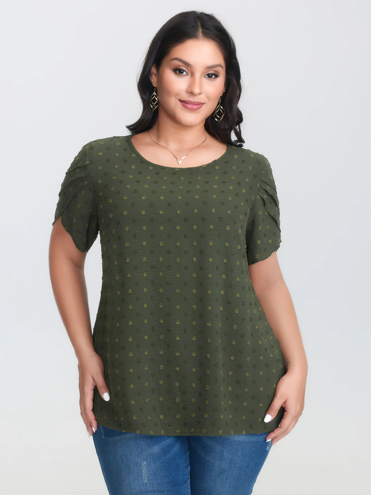 Textured Color Contrast Petal Sleeve Blouse - Image 10