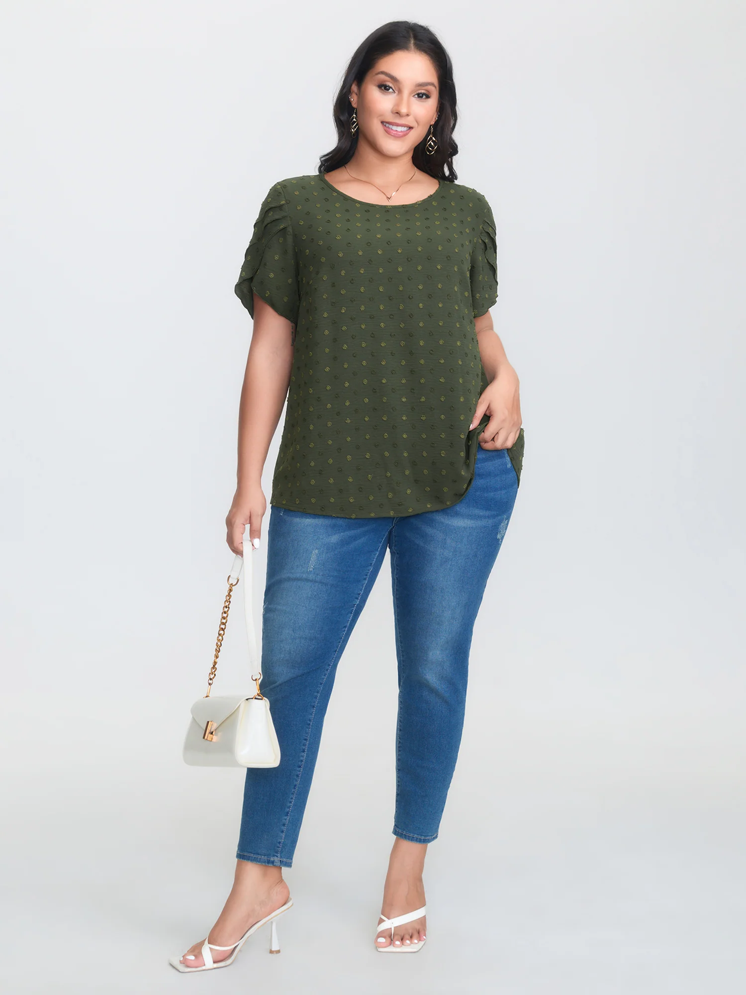 Textured Color Contrast Petal Sleeve Blouse - Image 11