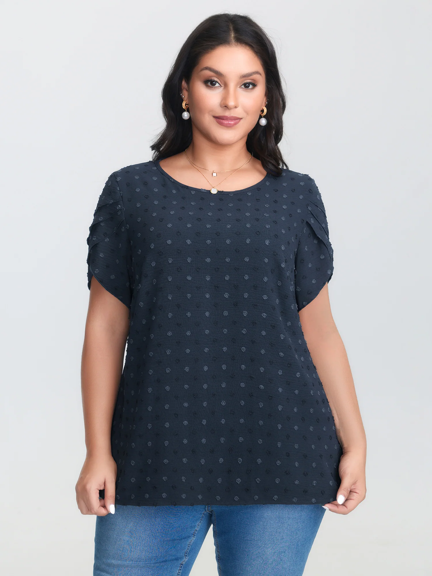 Textured Color Contrast Petal Sleeve Blouse - Image 16