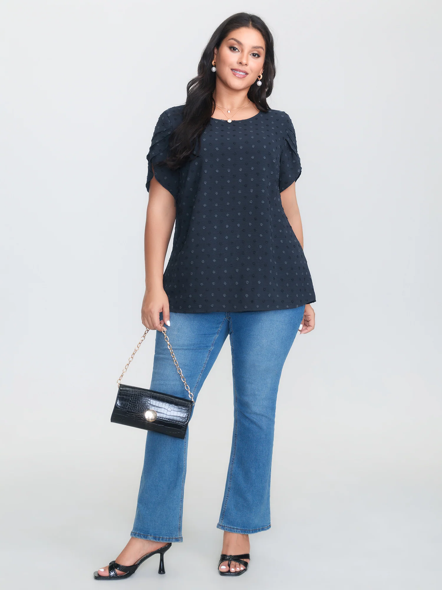 Textured Color Contrast Petal Sleeve Blouse - Image 18