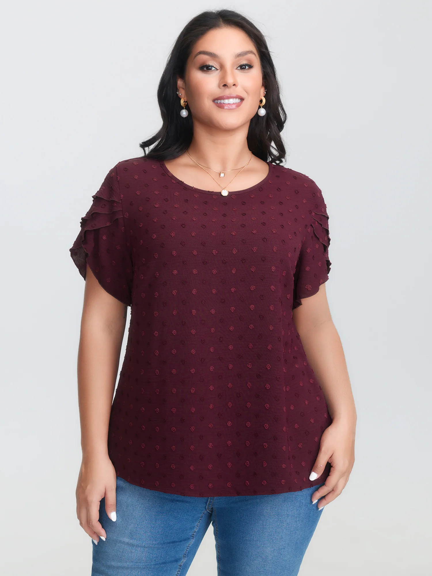 Textured Color Contrast Petal Sleeve Blouse - Image 2