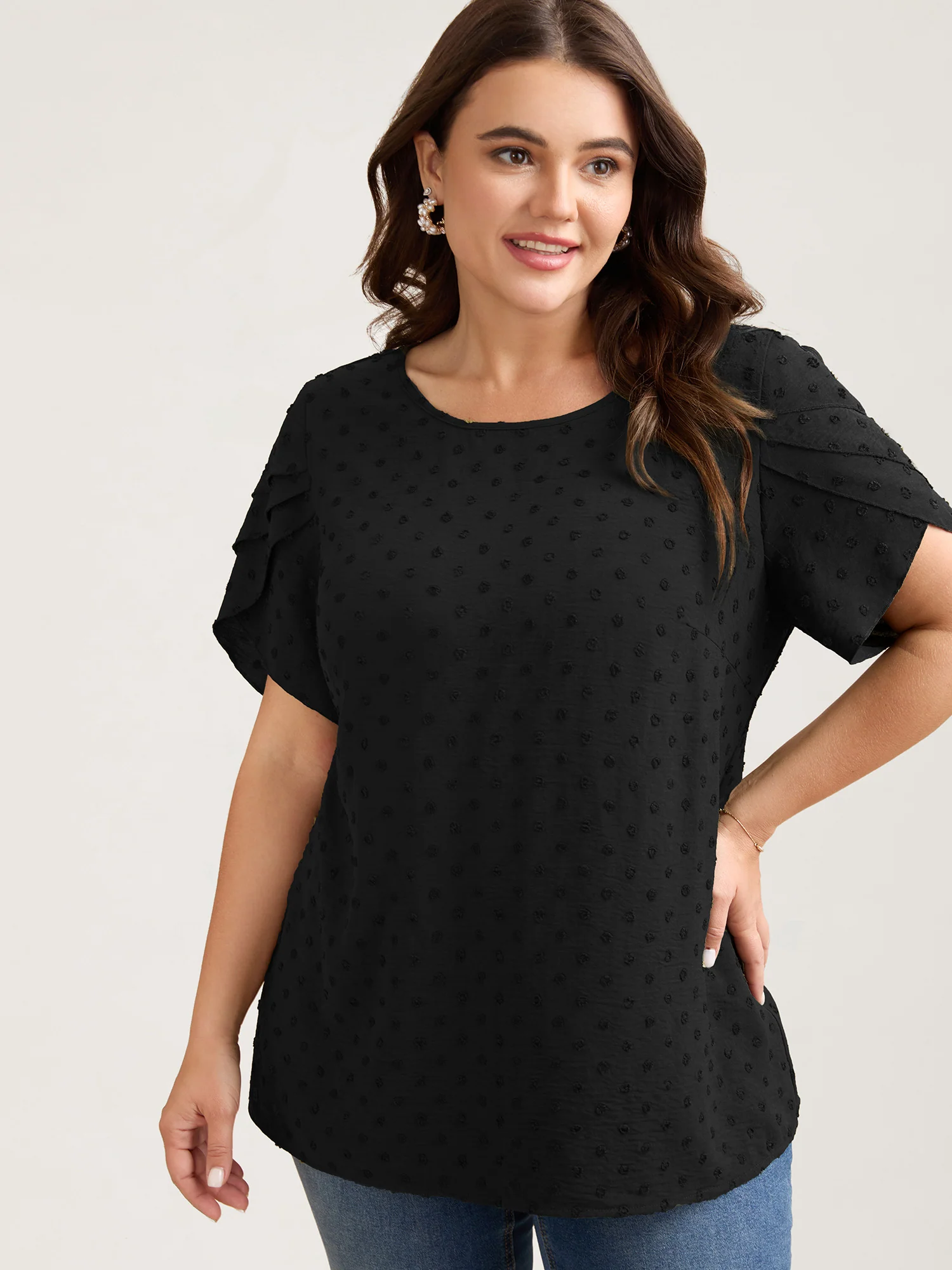 Textured Color Contrast Petal Sleeve Blouse - Image 20