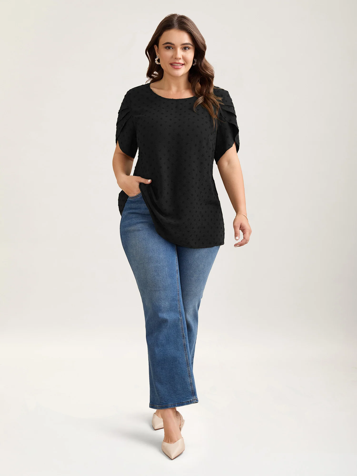 Textured Color Contrast Petal Sleeve Blouse - Image 21