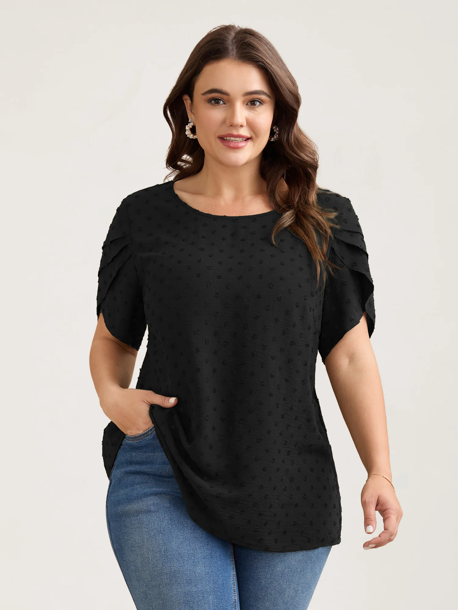 Textured Color Contrast Petal Sleeve Blouse - Image 22