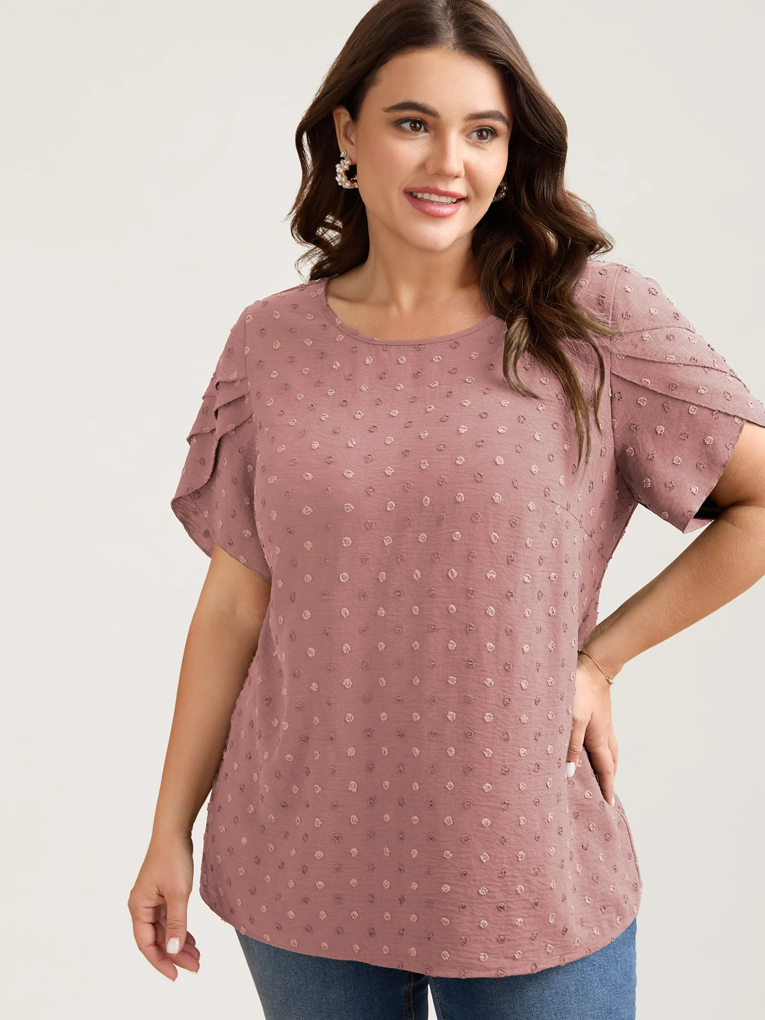 Textured Color Contrast Petal Sleeve Blouse - Image 25