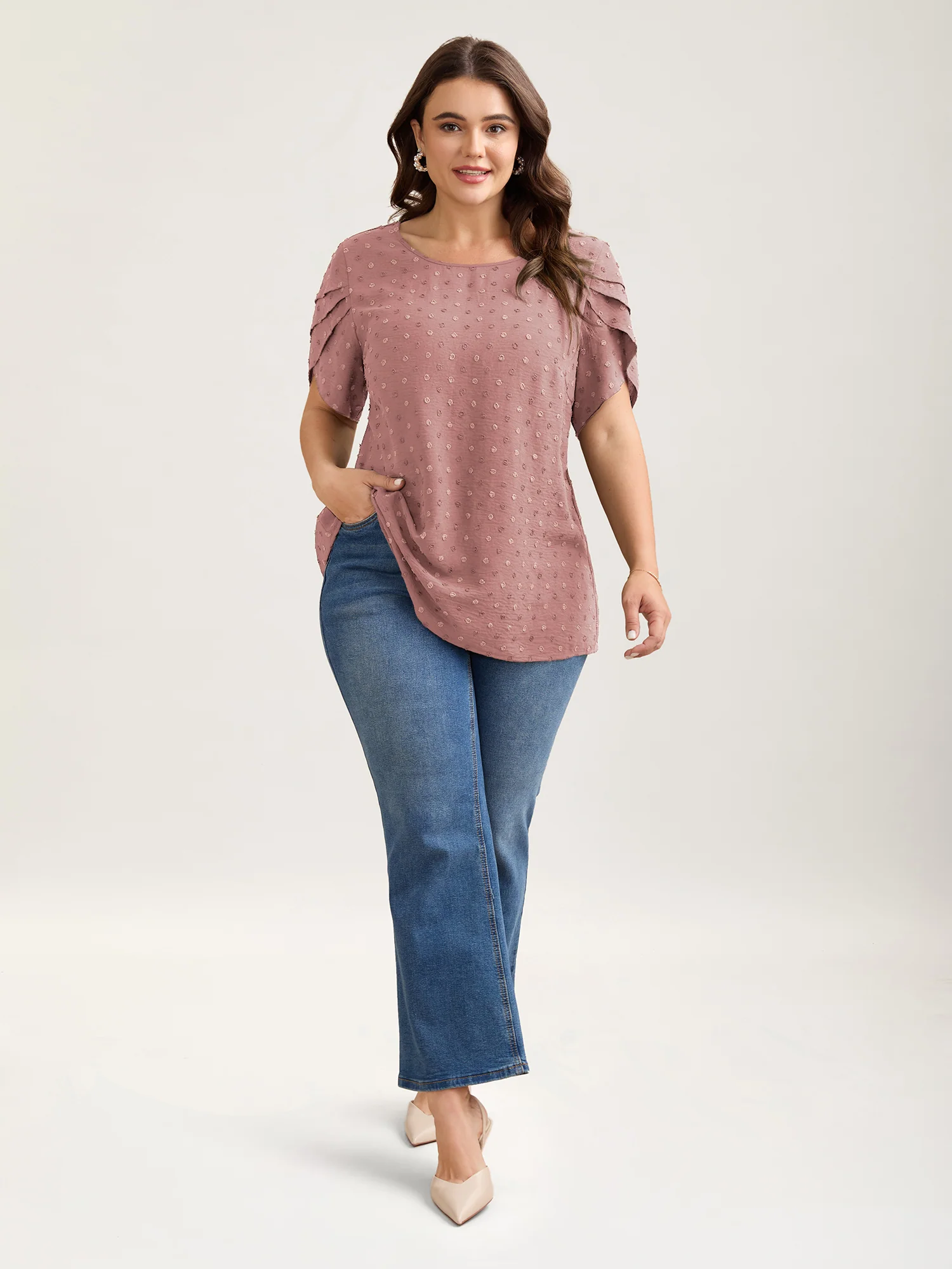 Textured Color Contrast Petal Sleeve Blouse - Image 26