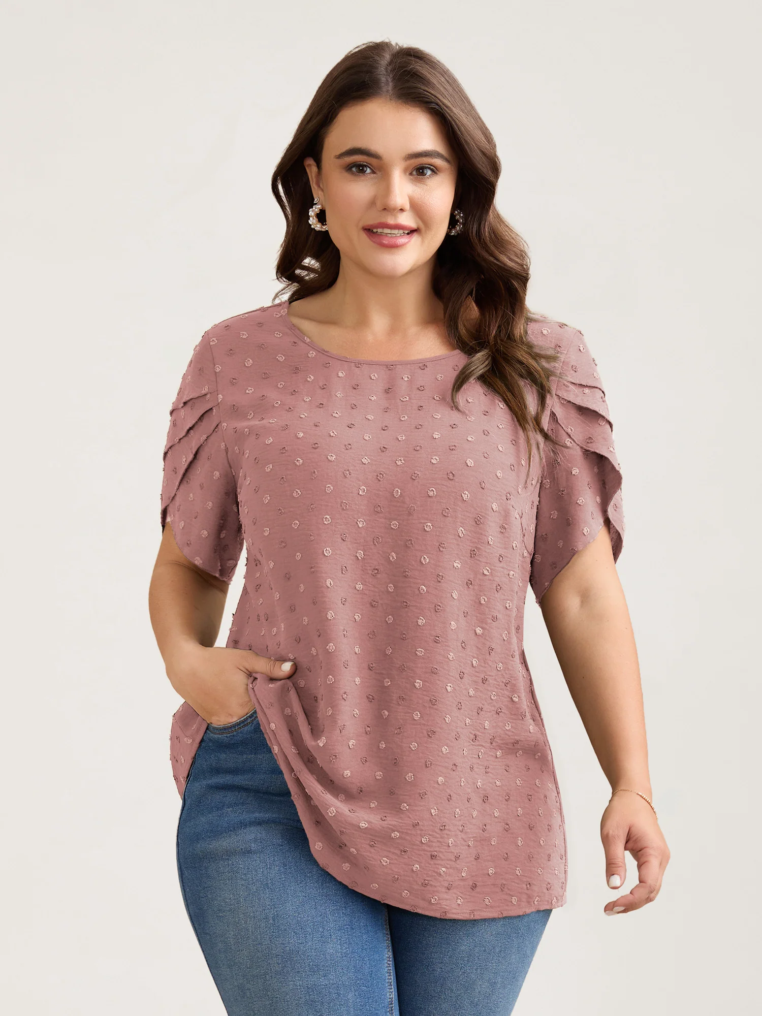 Textured Color Contrast Petal Sleeve Blouse - Image 27