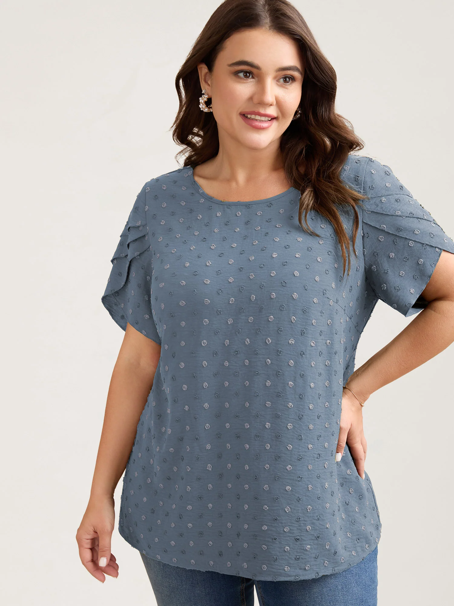 Textured Color Contrast Petal Sleeve Blouse - Image 30