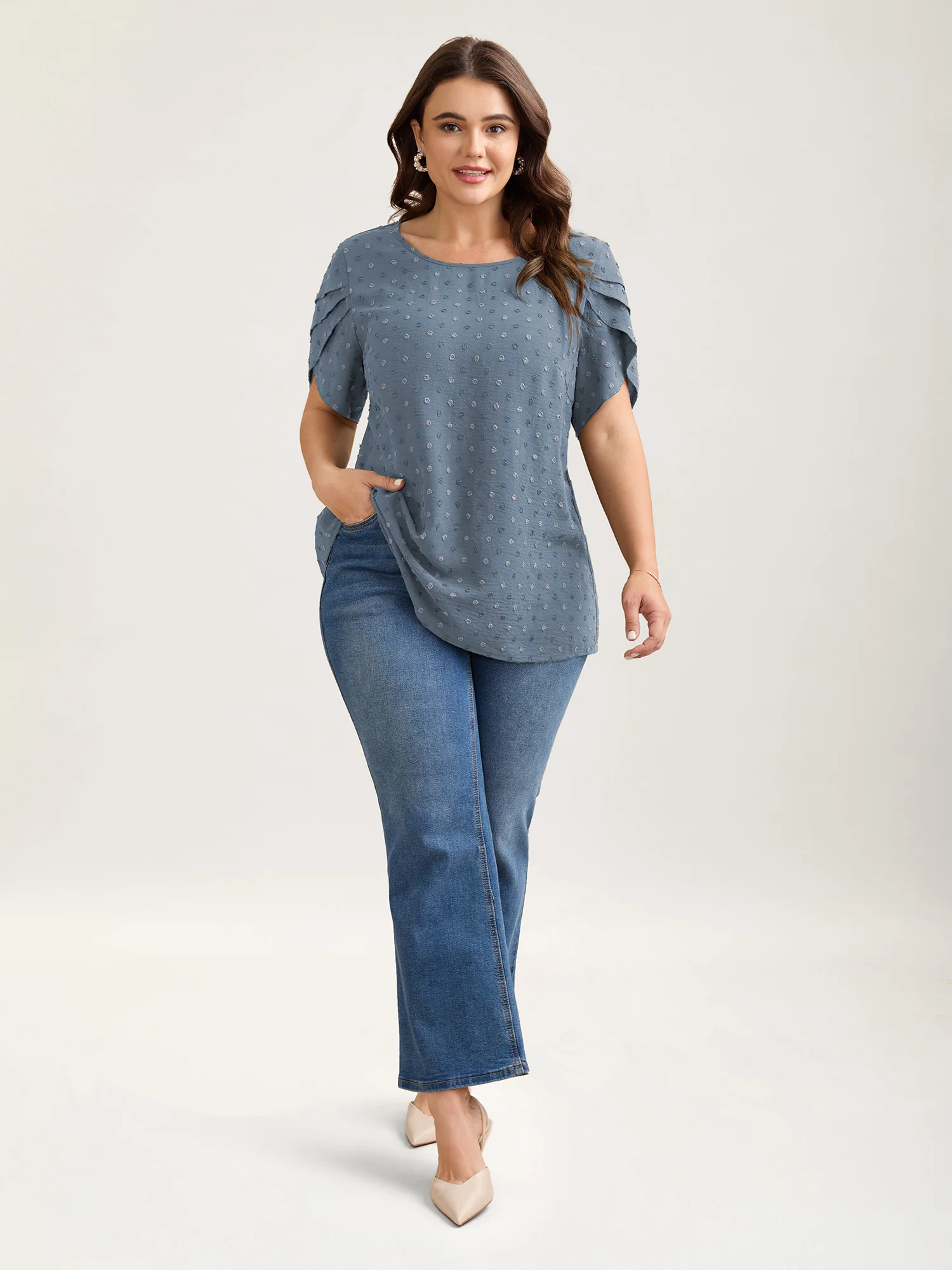 Textured Color Contrast Petal Sleeve Blouse - Image 31