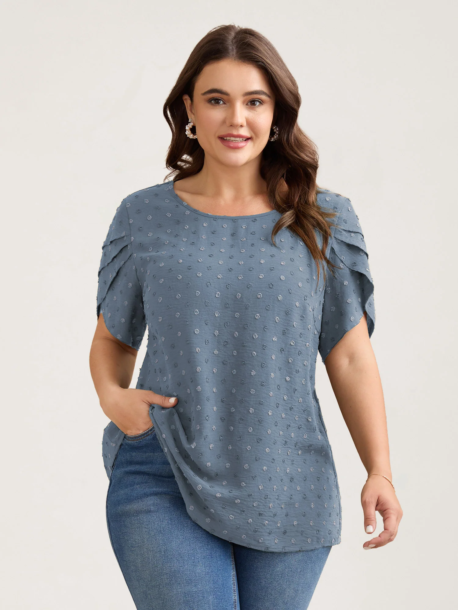 Textured Color Contrast Petal Sleeve Blouse - Image 32