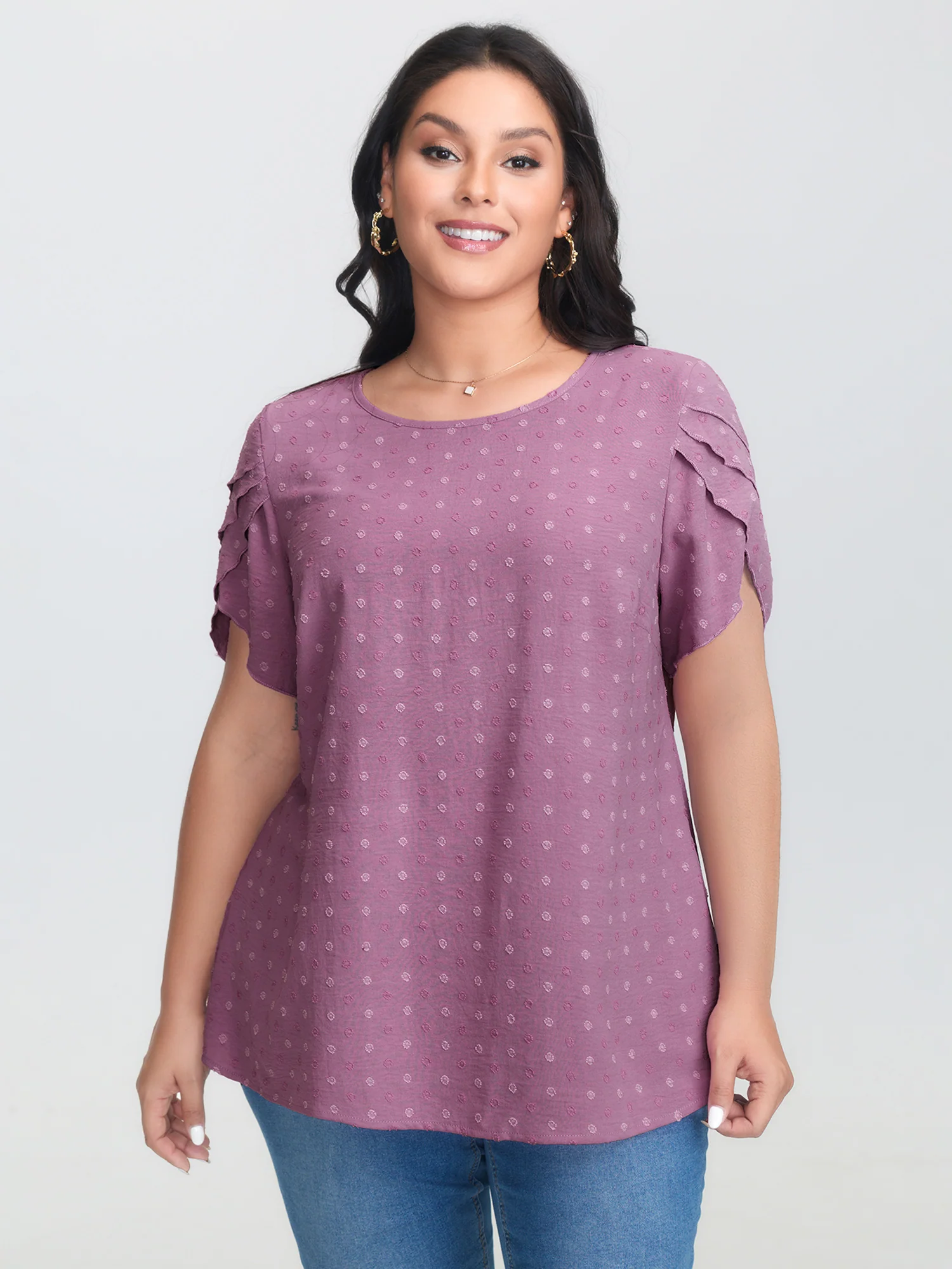 Textured Color Contrast Petal Sleeve Blouse - Image 6