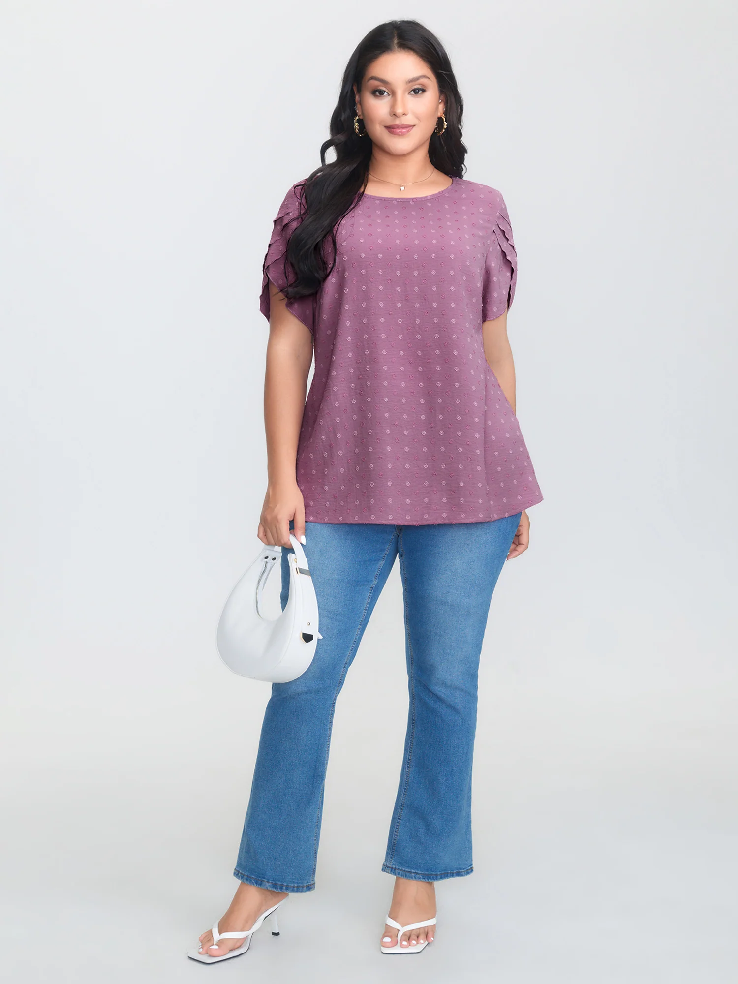Textured Color Contrast Petal Sleeve Blouse - Image 7