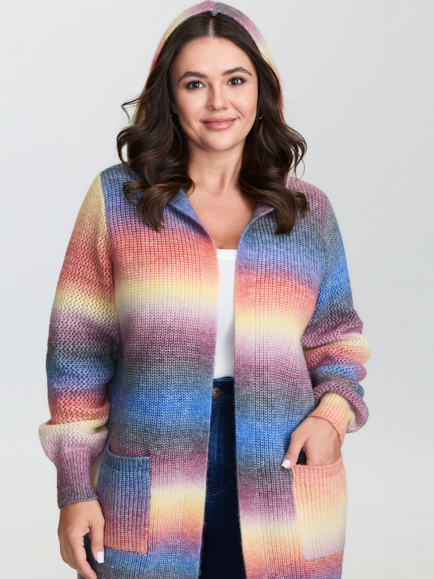 Textured Color Contrast Pocket Hooded Knit Cardigan - Image 2
