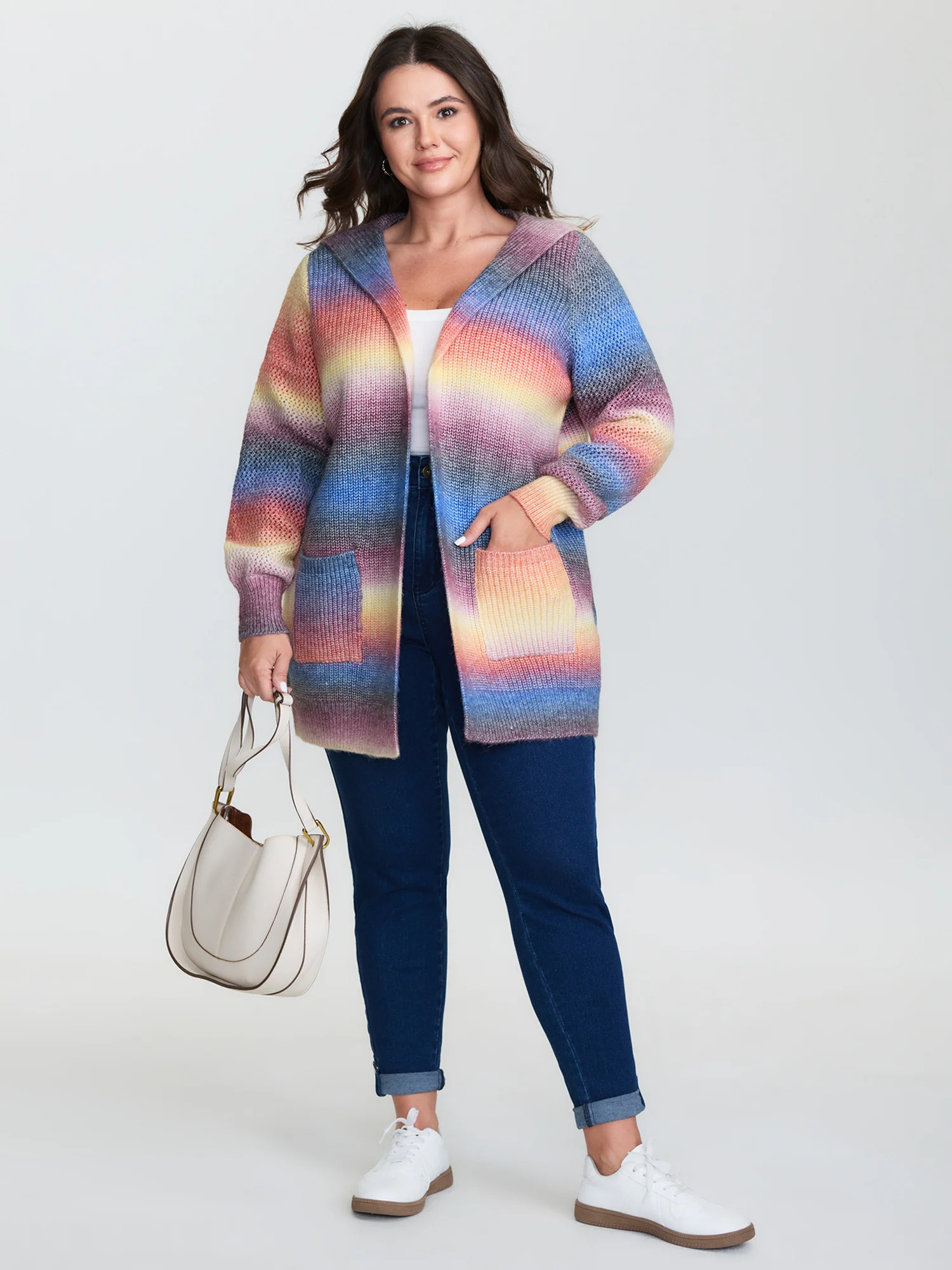Textured Color Contrast Pocket Hooded Knit Cardigan - Image 3