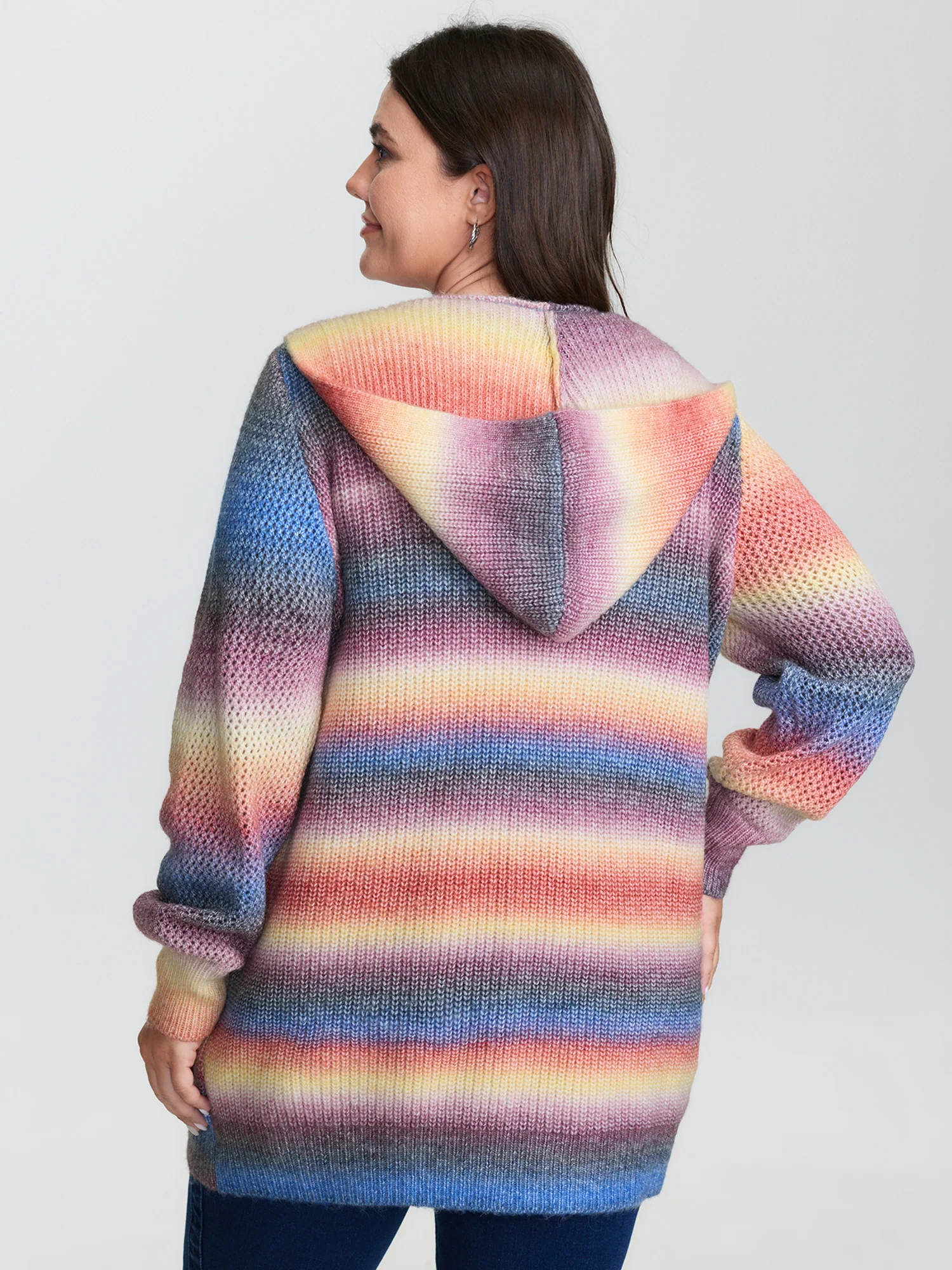 Textured Color Contrast Pocket Hooded Knit Cardigan - Image 4