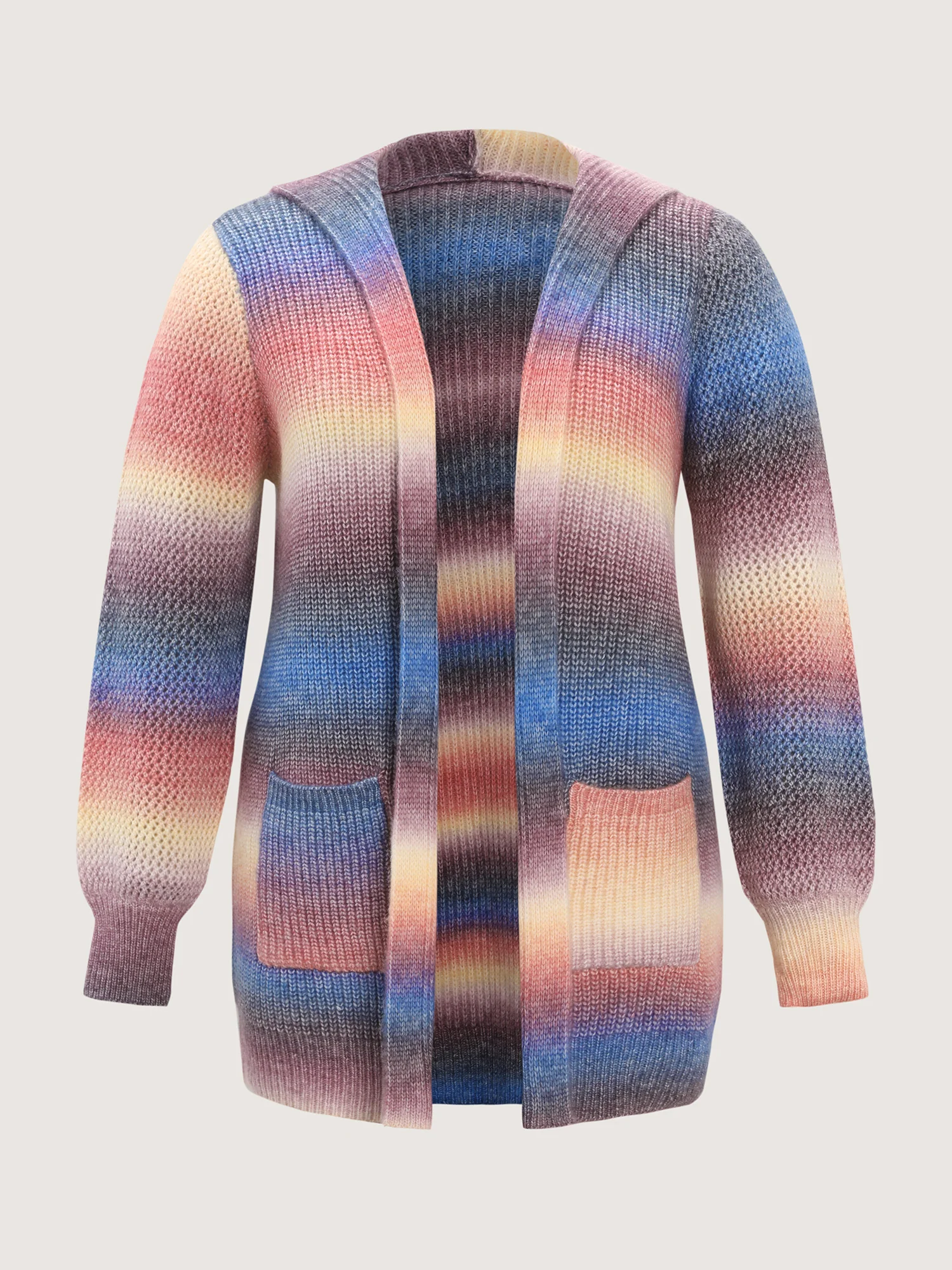 Textured Color Contrast Pocket Hooded Knit Cardigan - Image 7