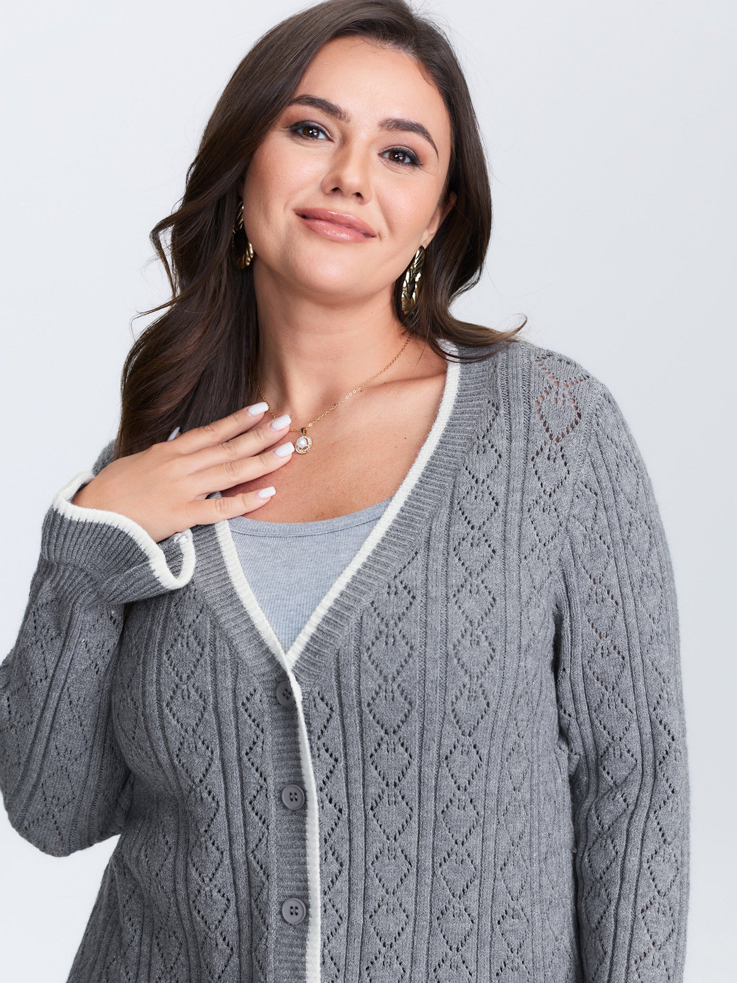 Textured Color Contrast Ruffled Hem Knit Cardigan - Image 2