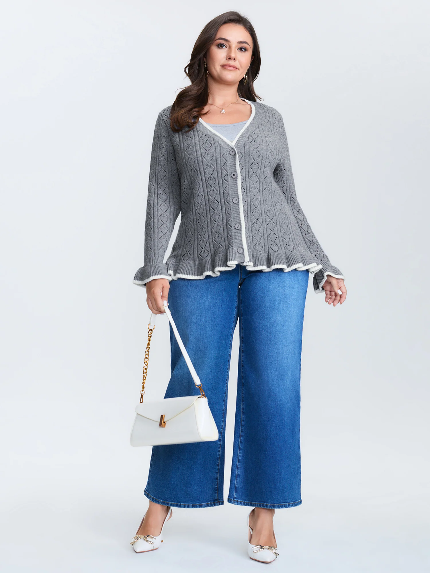 Textured Color Contrast Ruffled Hem Knit Cardigan - Image 3