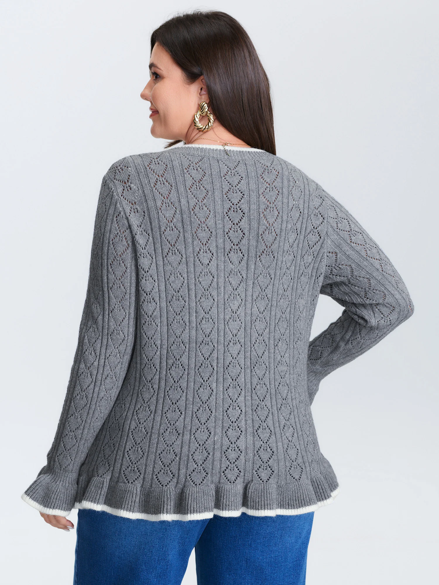 Textured Color Contrast Ruffled Hem Knit Cardigan - Image 4