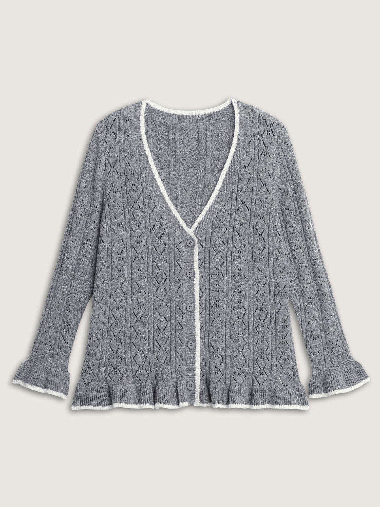 Textured Color Contrast Ruffled Hem Knit Cardigan - Image 8
