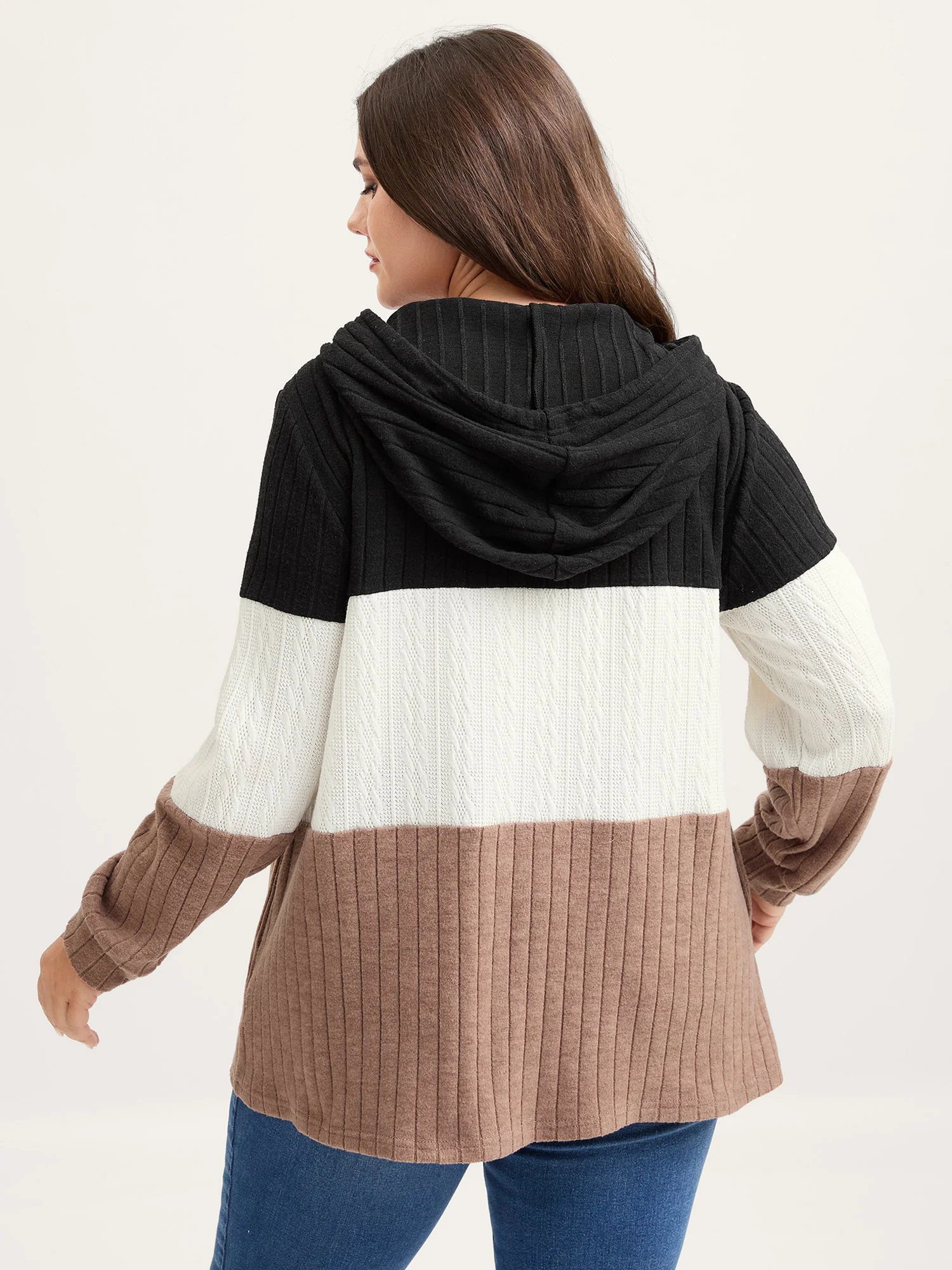 Textured Color Contrast Zipper Hoodie - Image 4