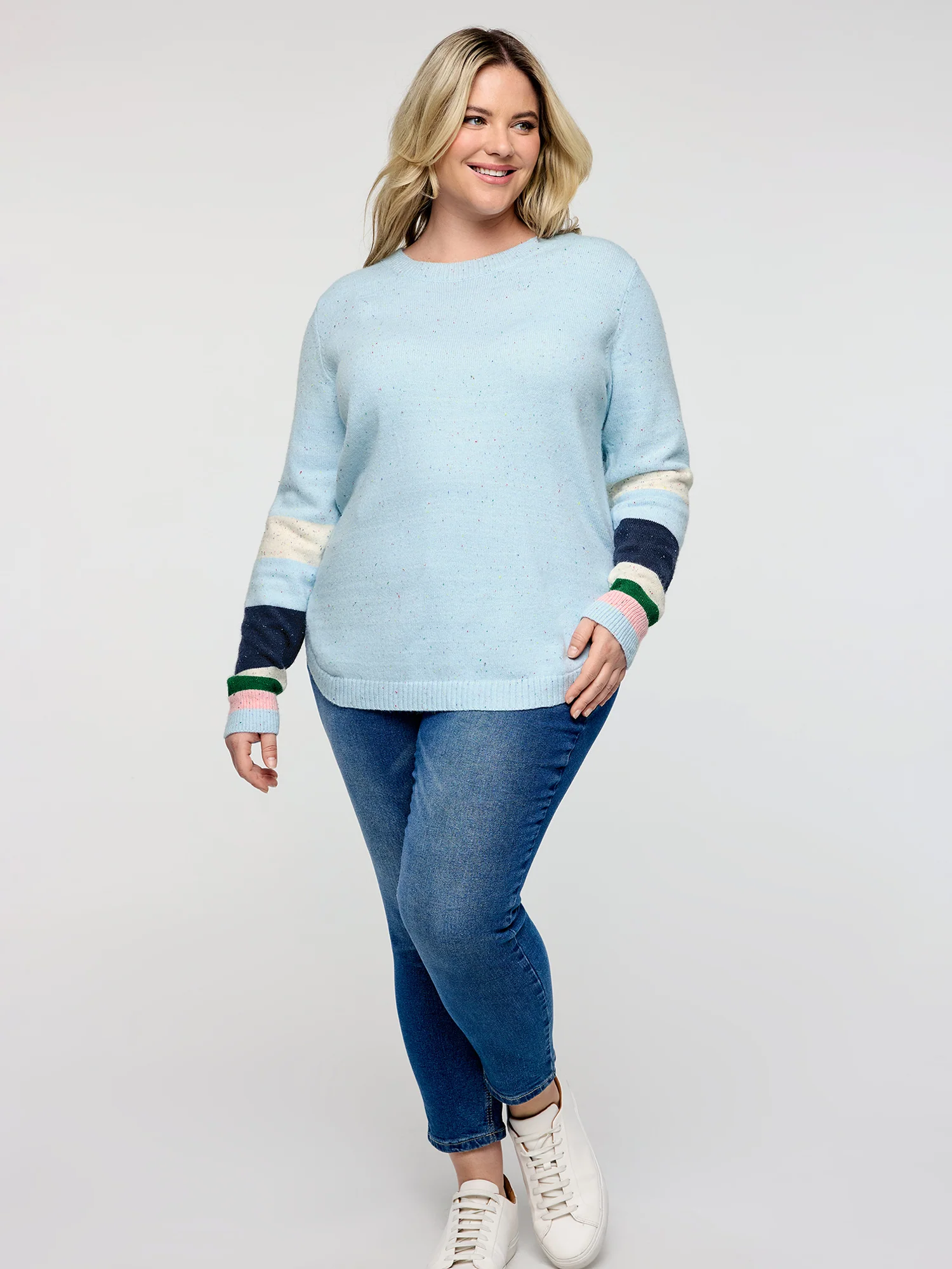 Textured Color Stripe Curvy Hem Pullover - Image 3