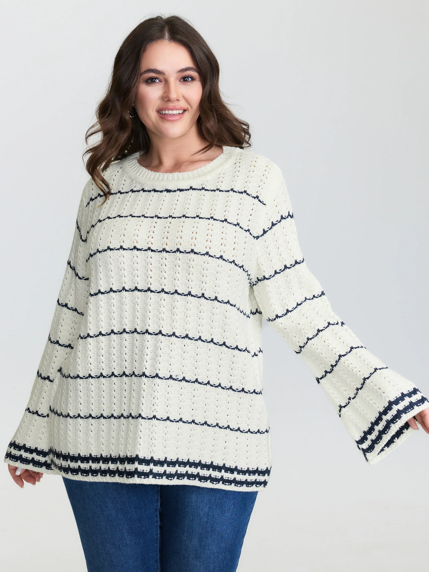 Textured Color Stripe Flared Sleeve Pullover
