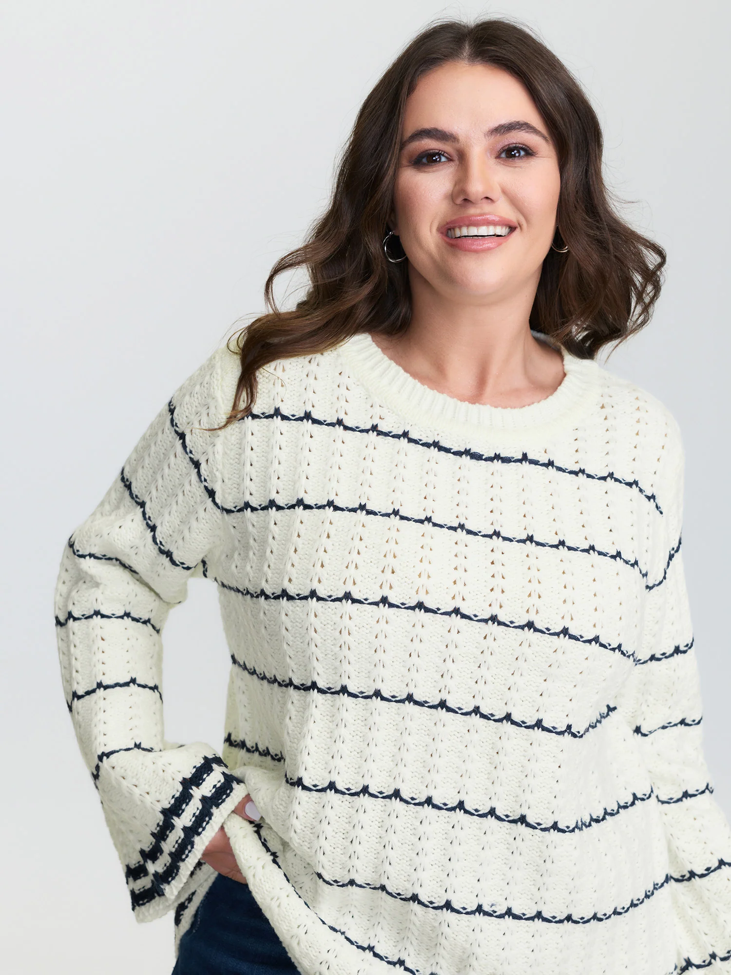 Textured Color Stripe Flared Sleeve Pullover - Image 2