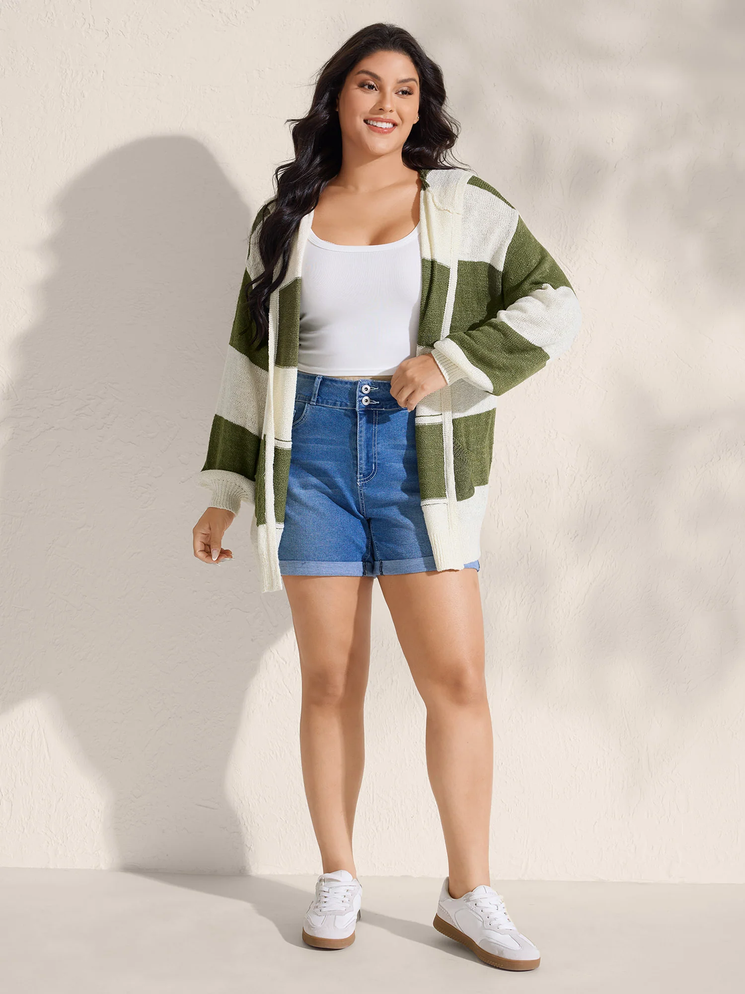 Textured Color Stripes Hooded Knit Cardigan - Image 3