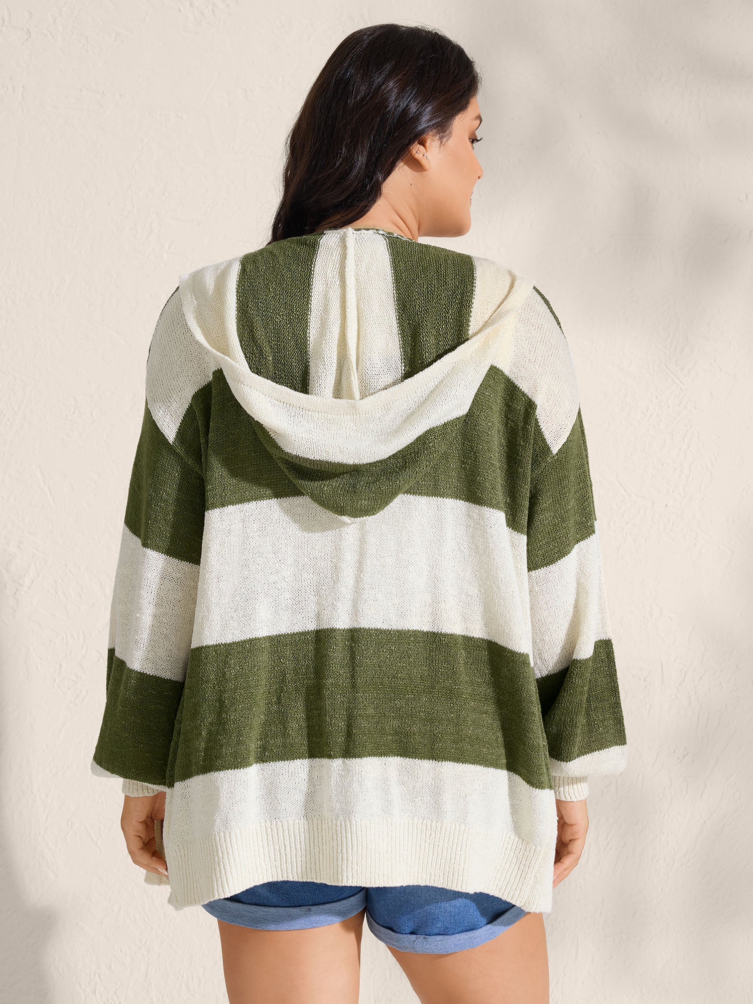 Textured Color Stripes Hooded Knit Cardigan - Image 4